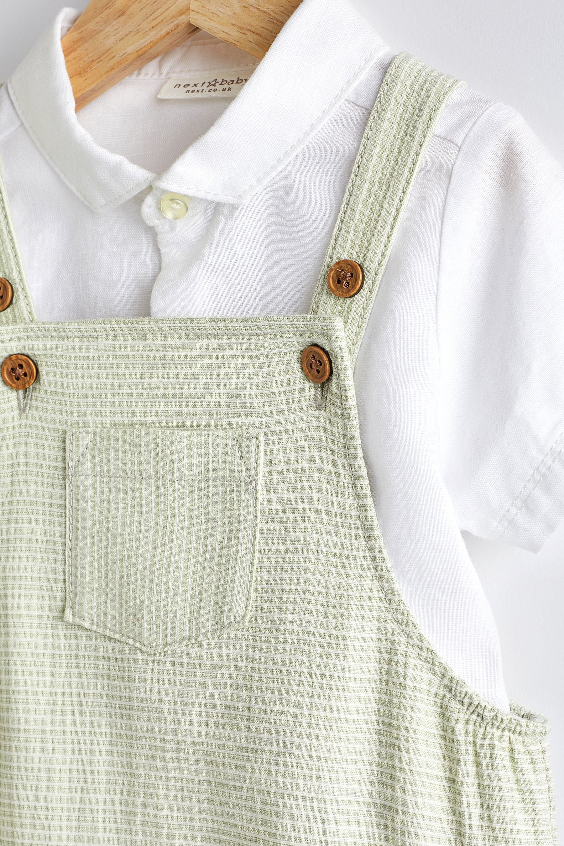 Sage Green Stripe Dungarees And Bodysuit Shirt Set