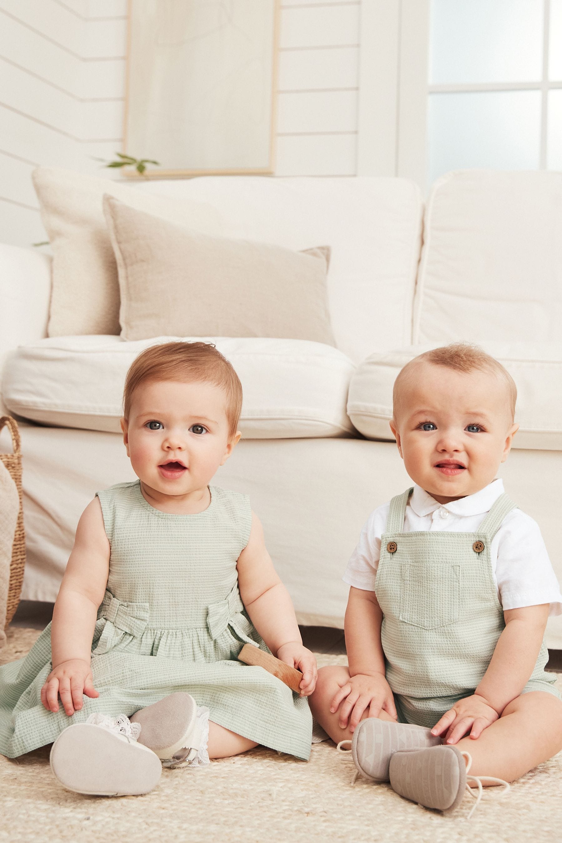 Sage Green Stripe Dungarees And Bodysuit Shirt Set