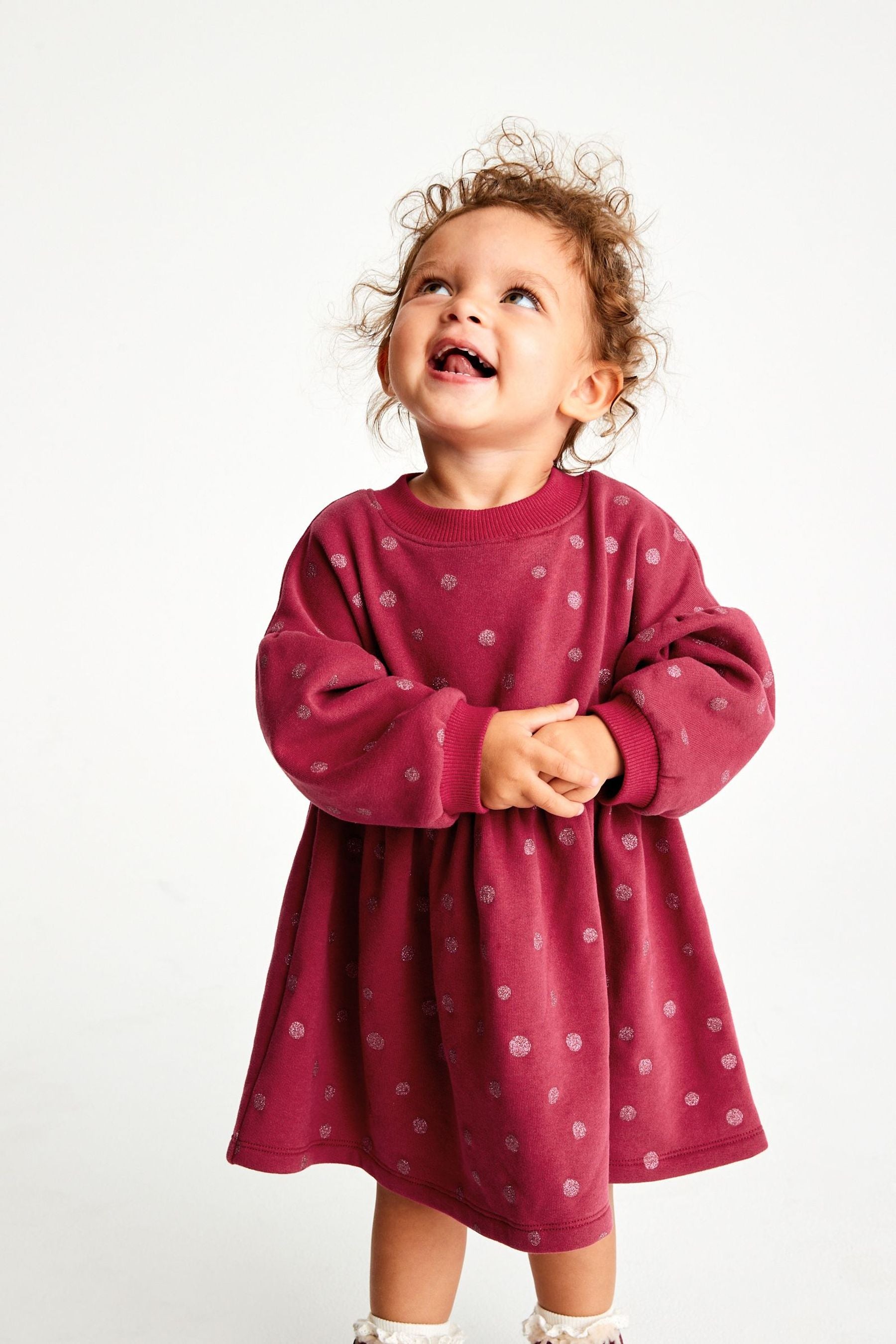 Pink Glitter Spot Print Long Sleeve Sweat Dress (3mths-7yrs)