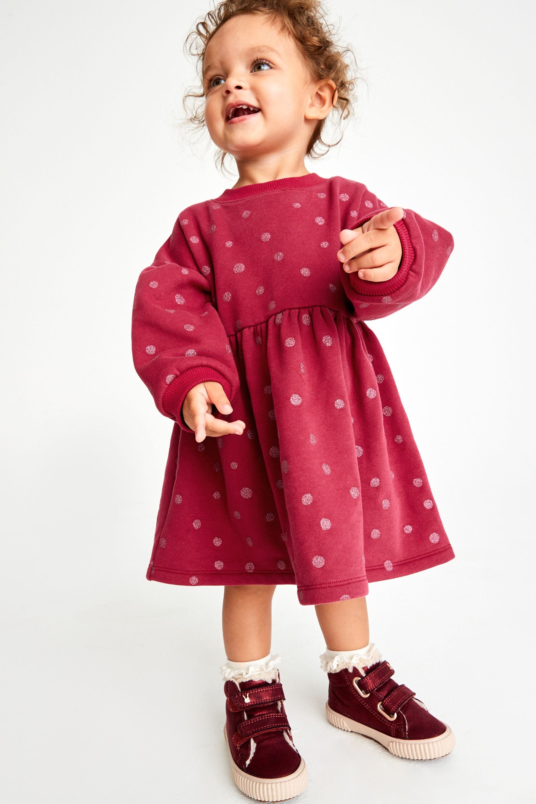 Pink Glitter Spot Print Long Sleeve Sweat Dress (3mths-7yrs)