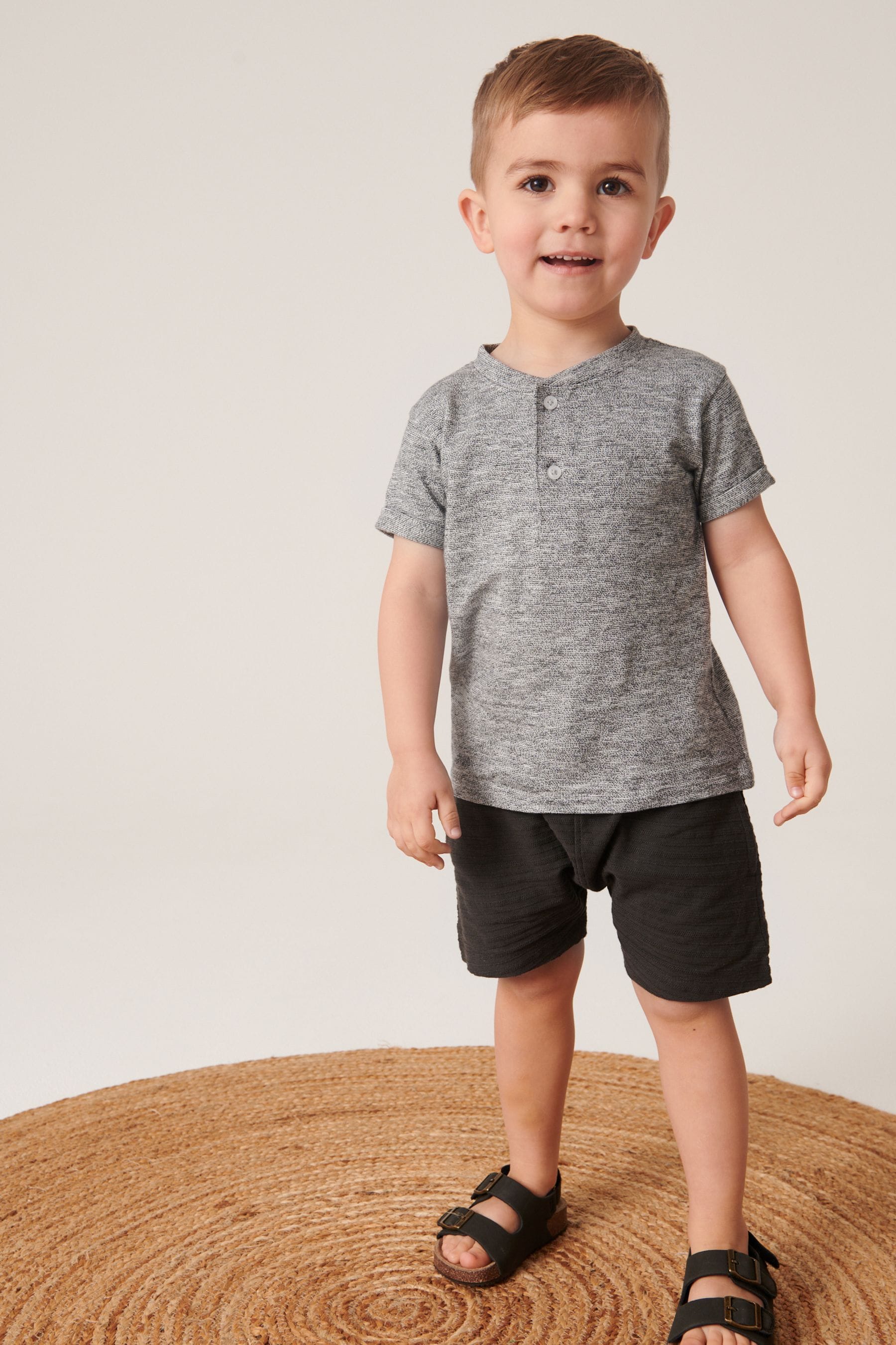 Charcoal Grey Short Sleeve Henley Top And Shorts Set (3mths-7yrs)