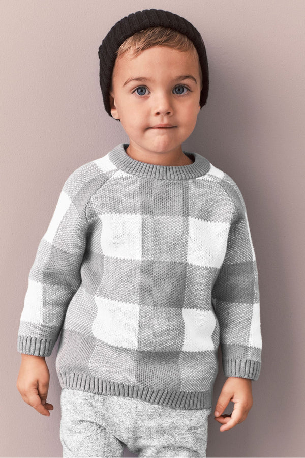 Grey Knitted Buffalo Check Jumper (3mths-7yrs)