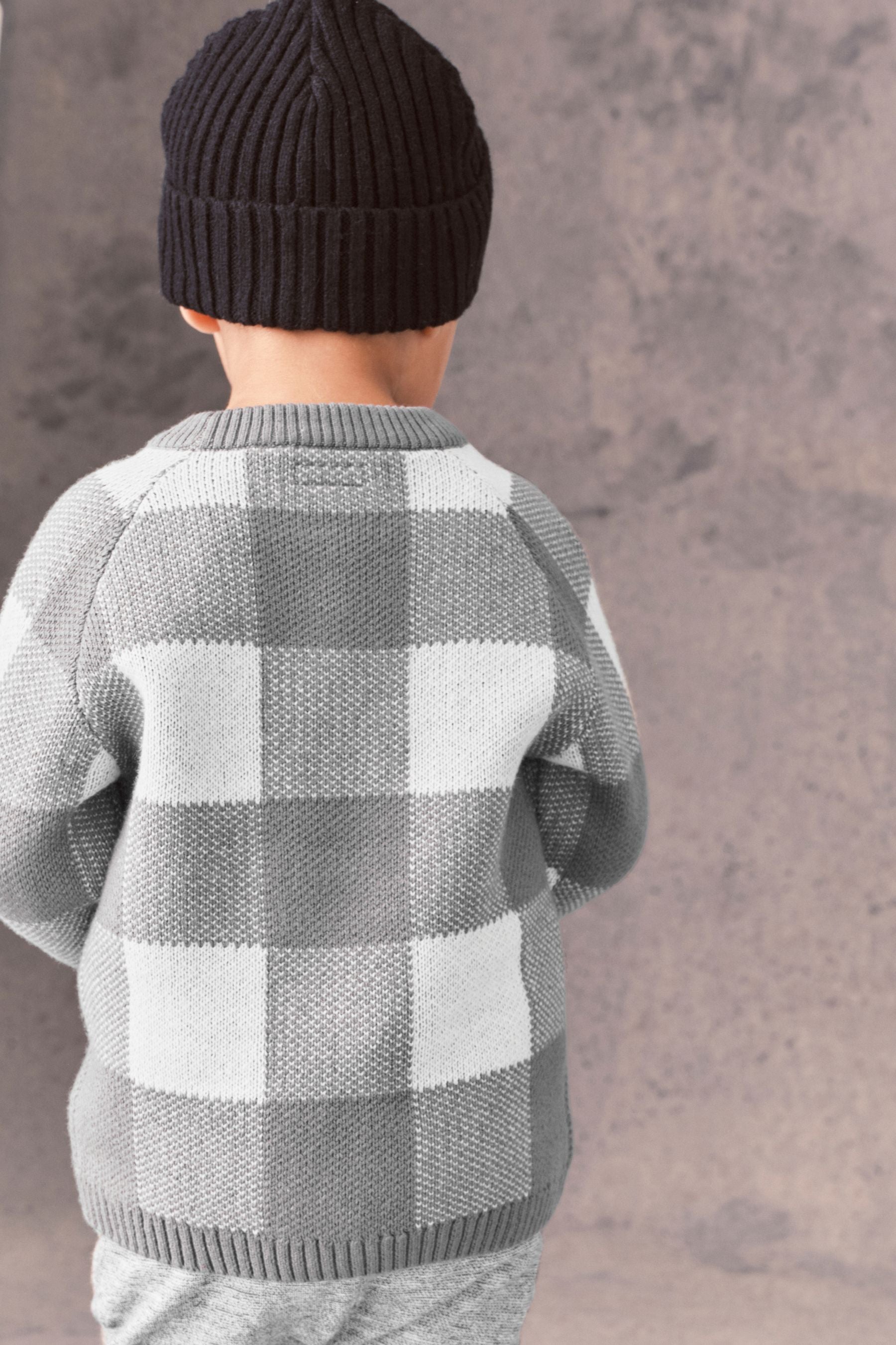 Grey Knitted Buffalo Check Jumper (3mths-7yrs)