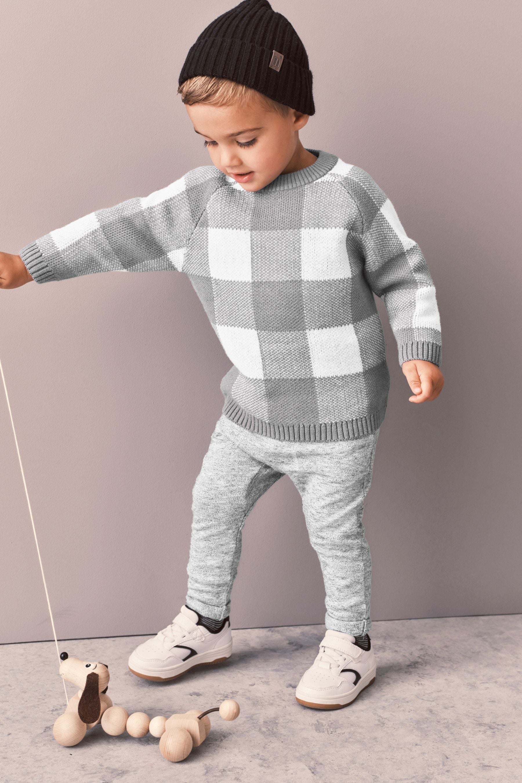 Grey Knitted Buffalo Check Jumper (3mths-7yrs)