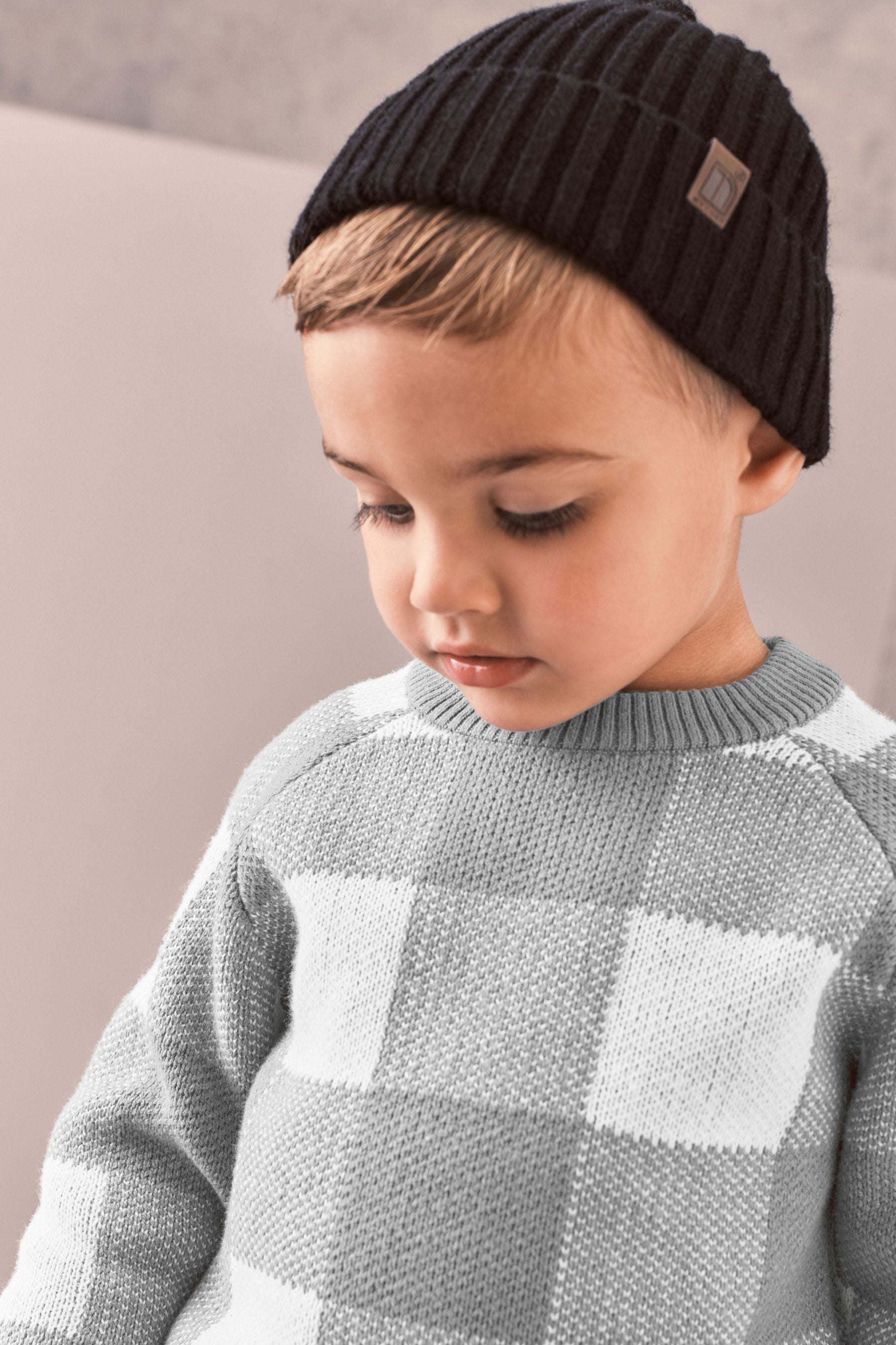 Grey Knitted Buffalo Check Jumper (3mths-7yrs)