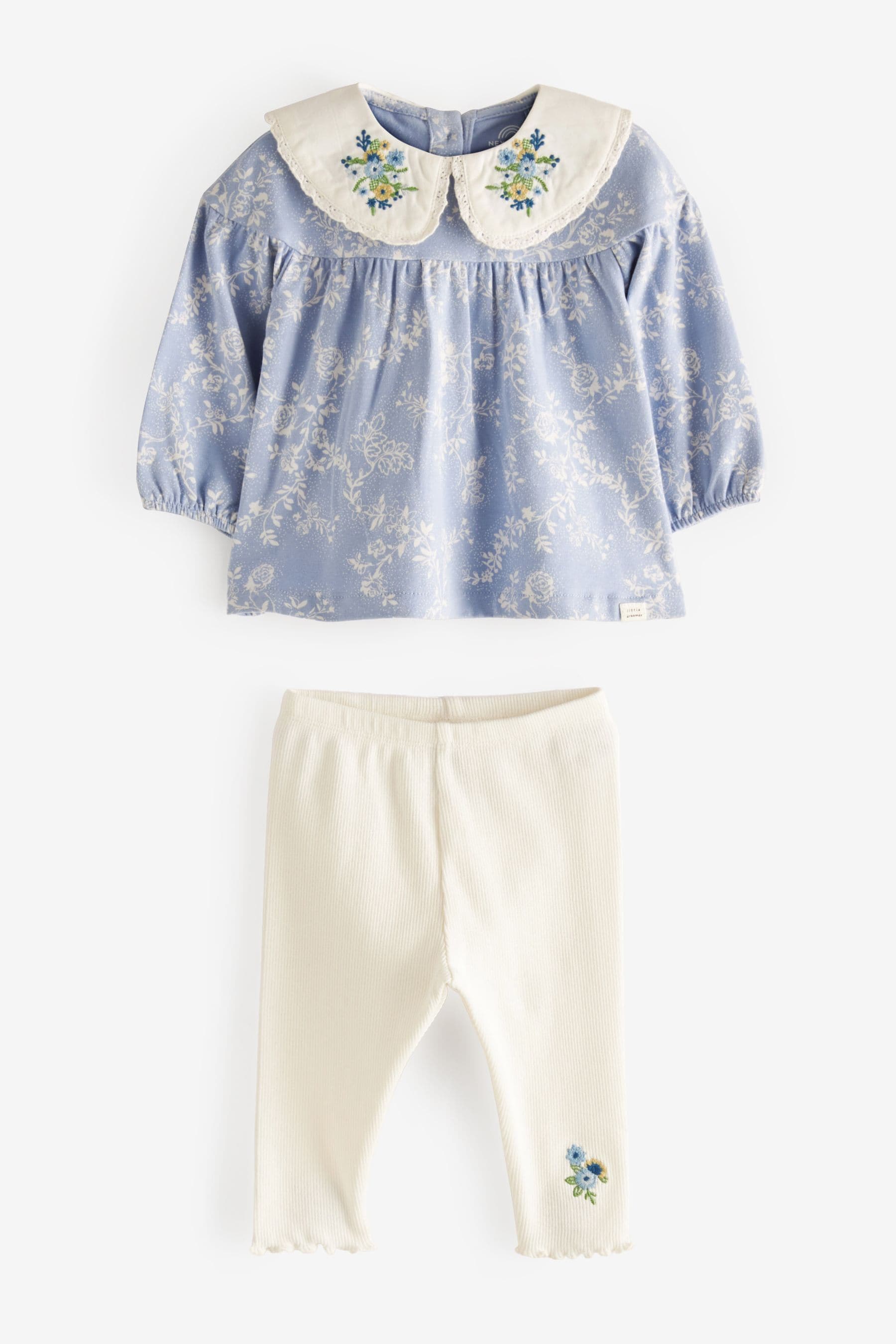 Blue Floral Collar Baby Top And Leggings Set