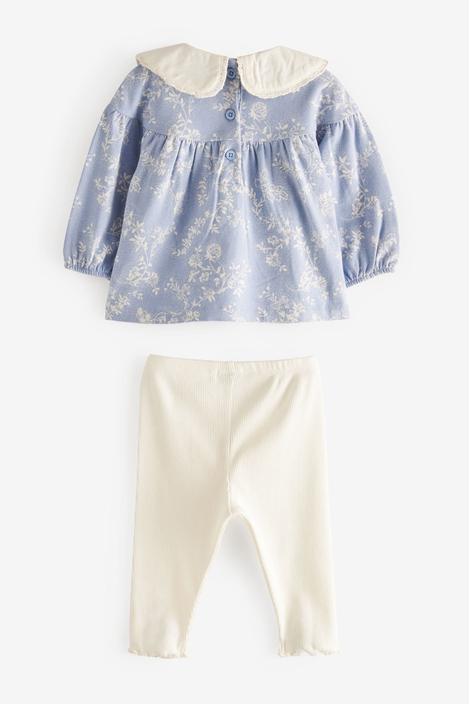 Blue Floral Collar Baby Top And Leggings Set