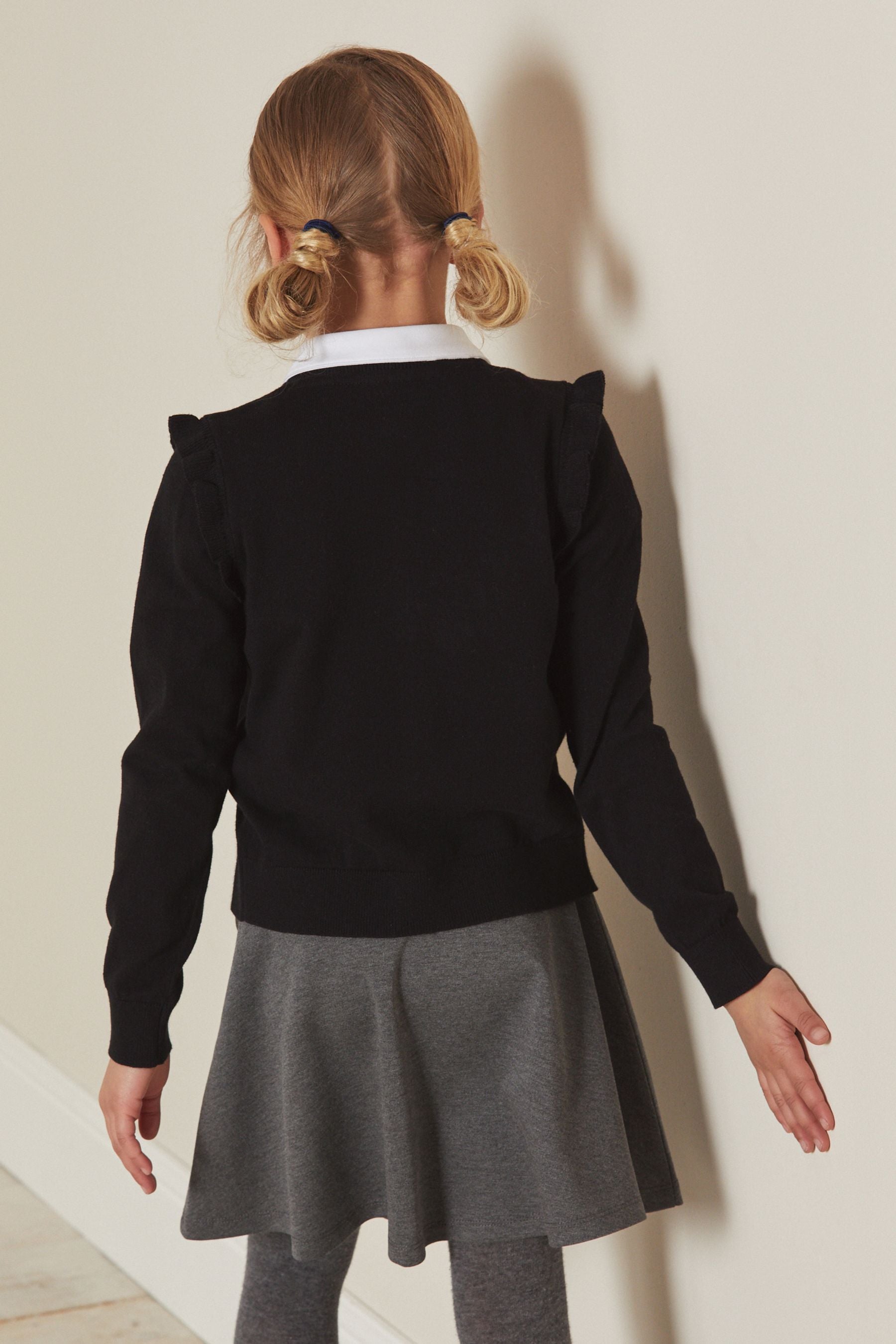 Black Cotton Rich Frill Shoulder School Cardigan (3-16yrs)