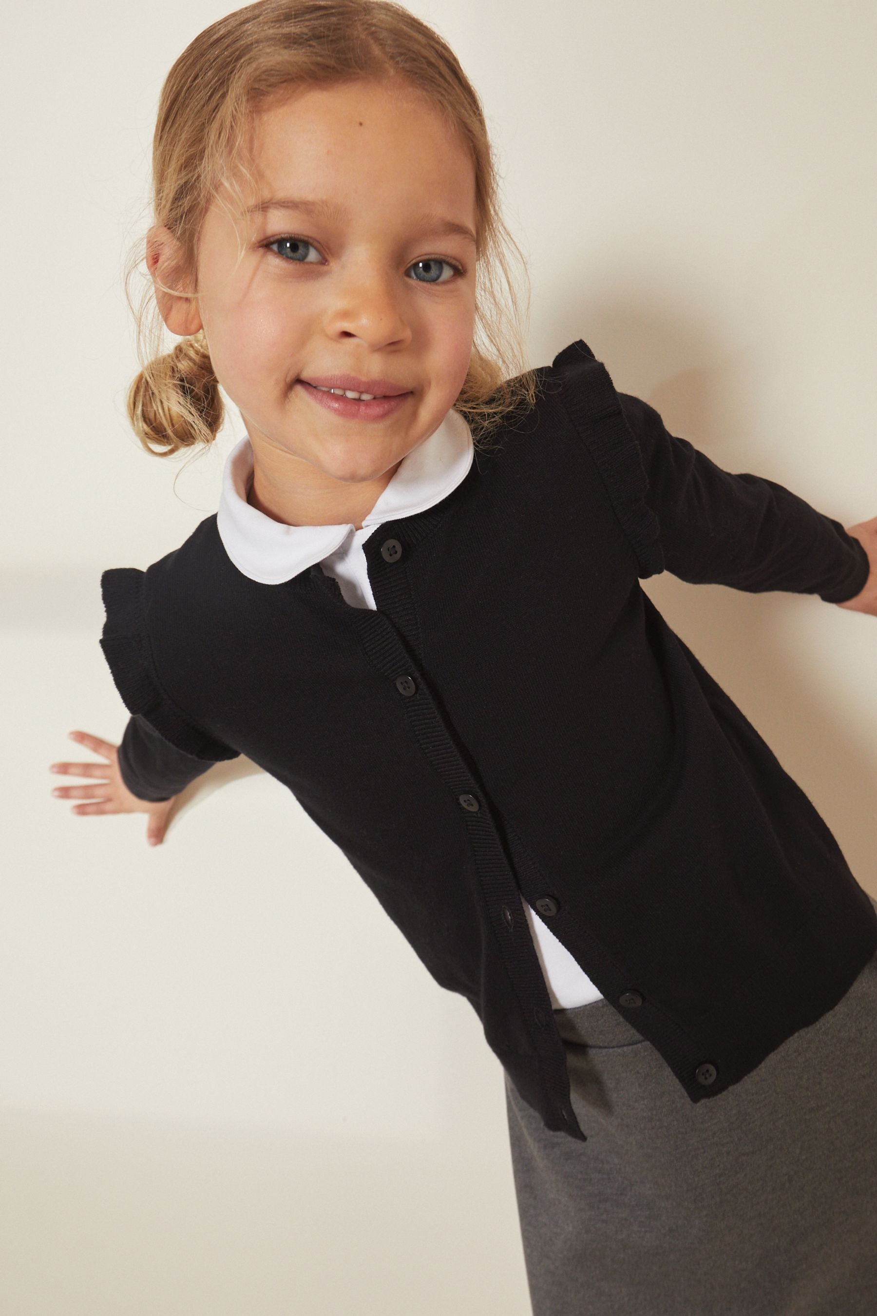 Black Cotton Rich Frill Shoulder School Cardigan (3-16yrs)