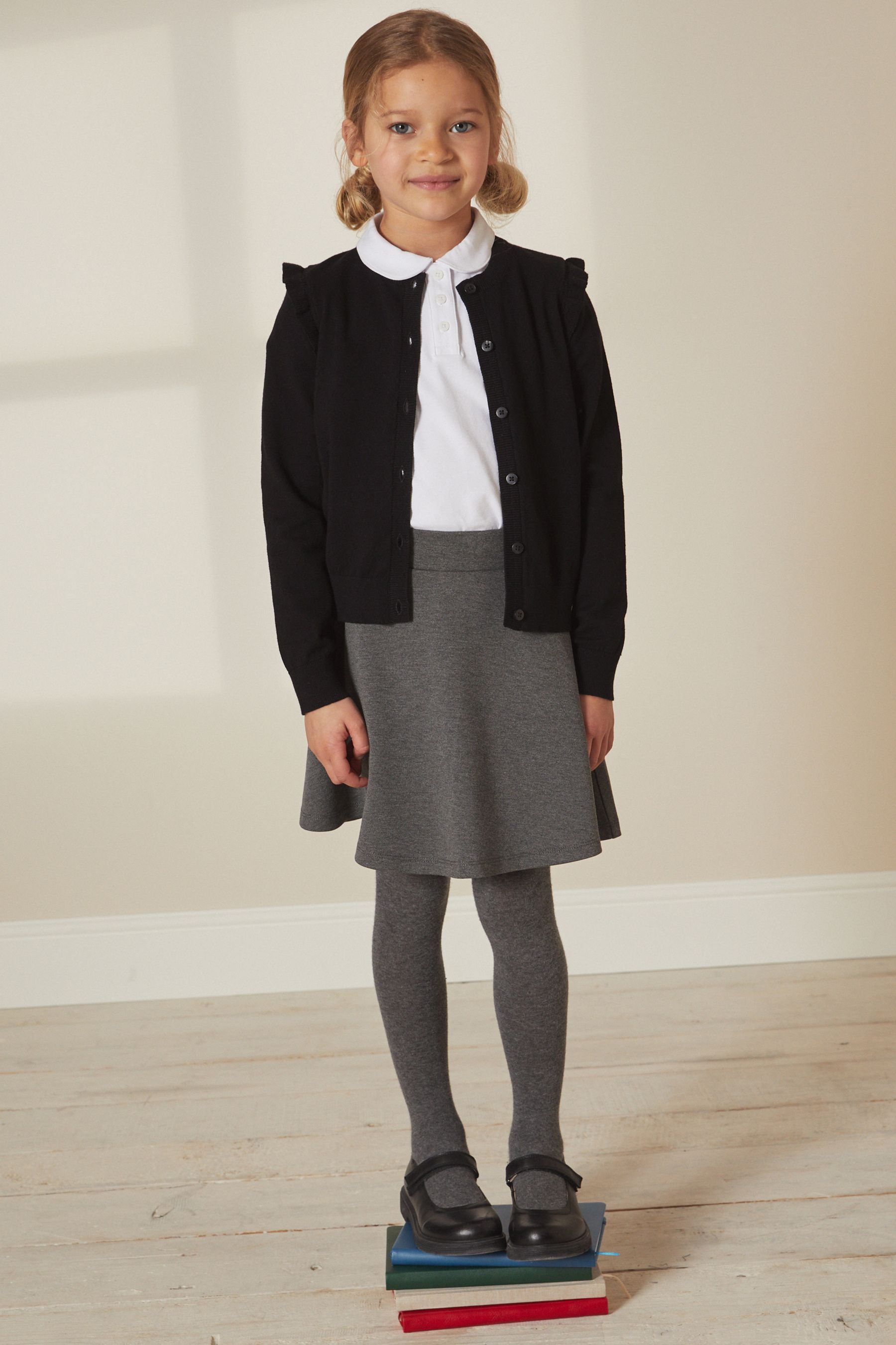 Black Cotton Rich Frill Shoulder School Cardigan (3-16yrs)