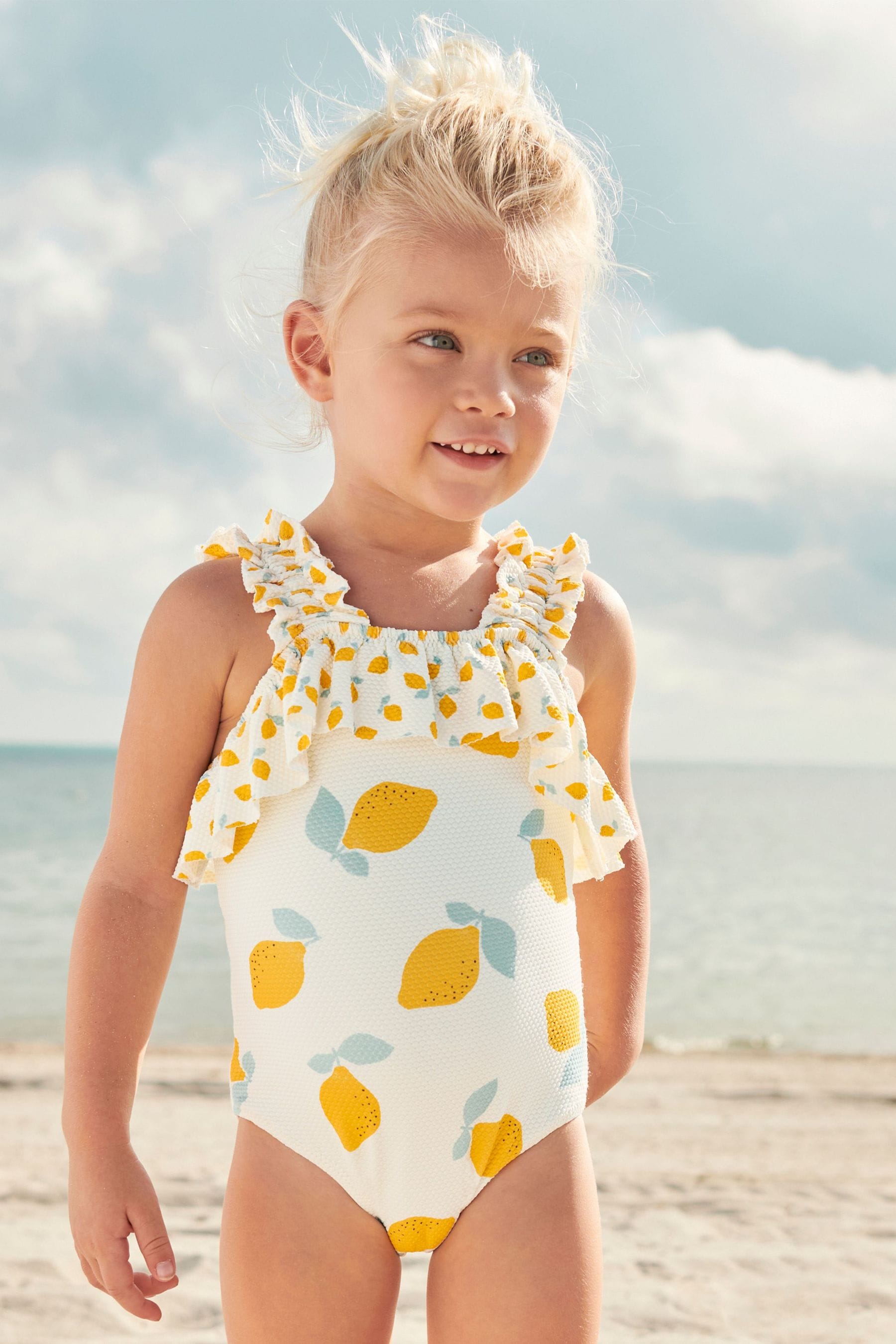 Ecru White Lemon Ruched Sleeves Swimsuit (3mths-12yrs)