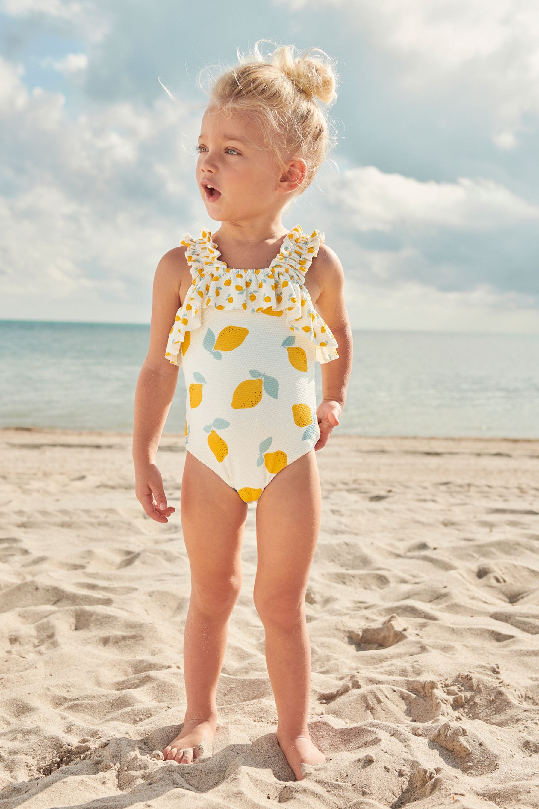 Ecru White Lemon Ruched Sleeves Swimsuit (3mths-12yrs)