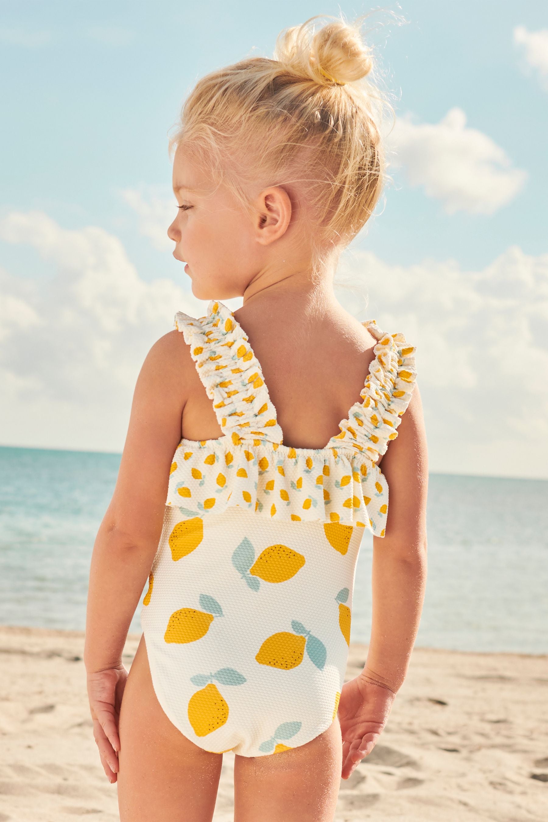 Ecru White Lemon Ruched Sleeves Swimsuit (3mths-12yrs)