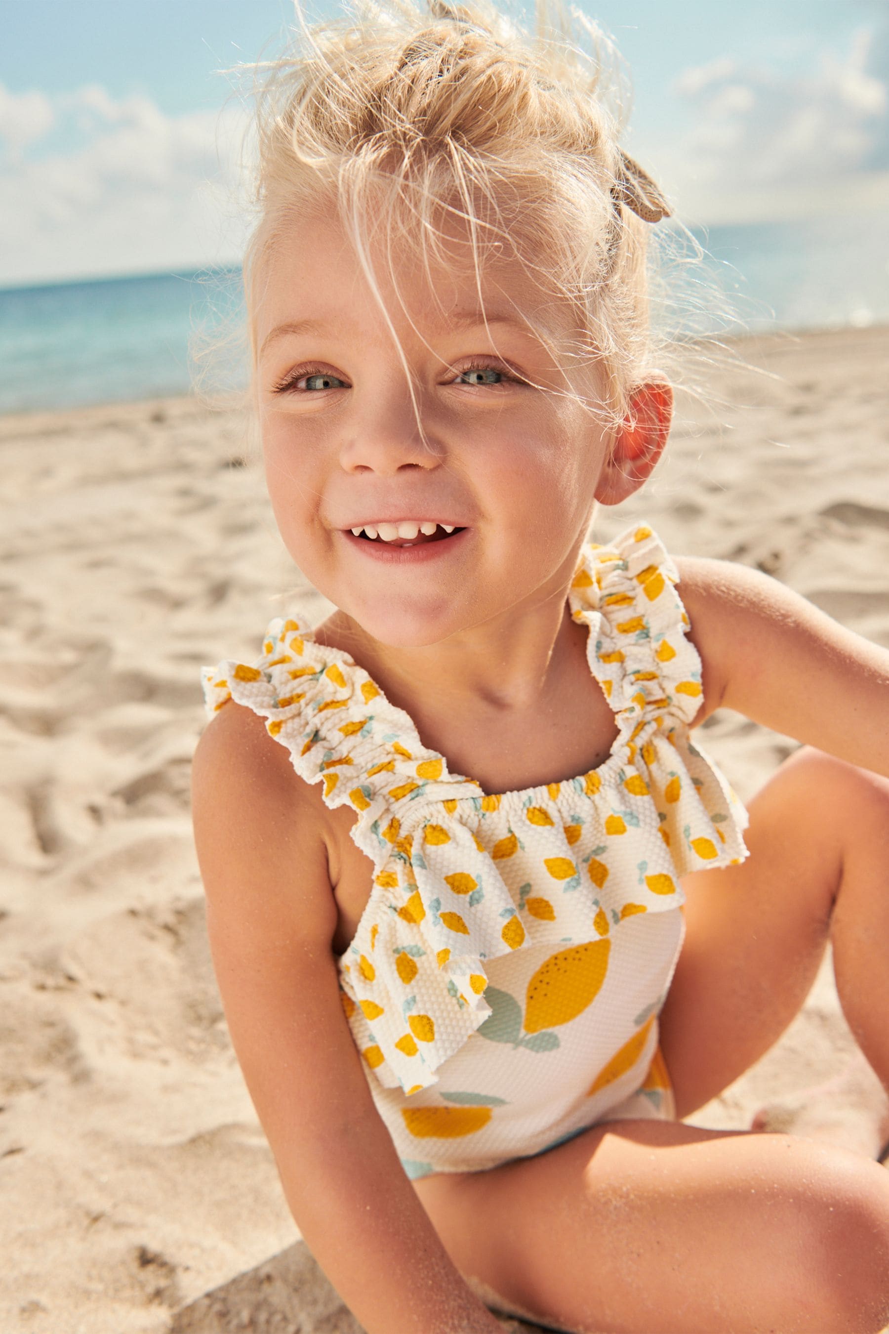 Ecru White Lemon Ruched Sleeves Swimsuit (3mths-12yrs)