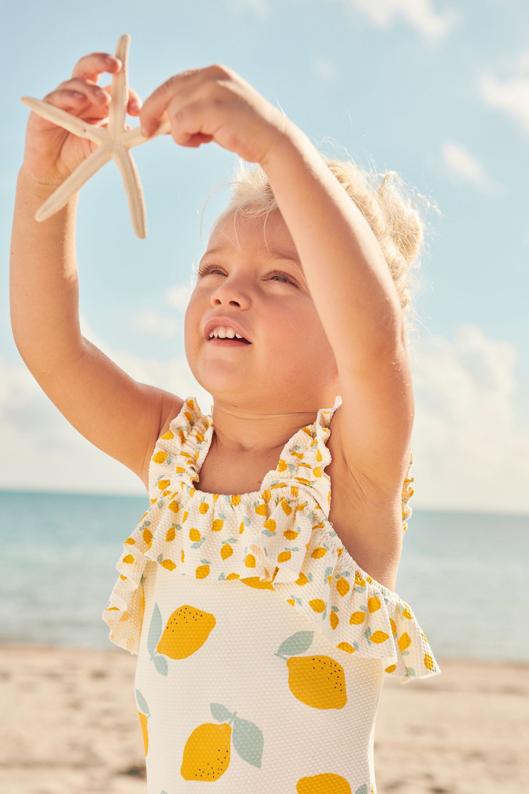 Ecru White Lemon Ruched Sleeves Swimsuit (3mths-12yrs)