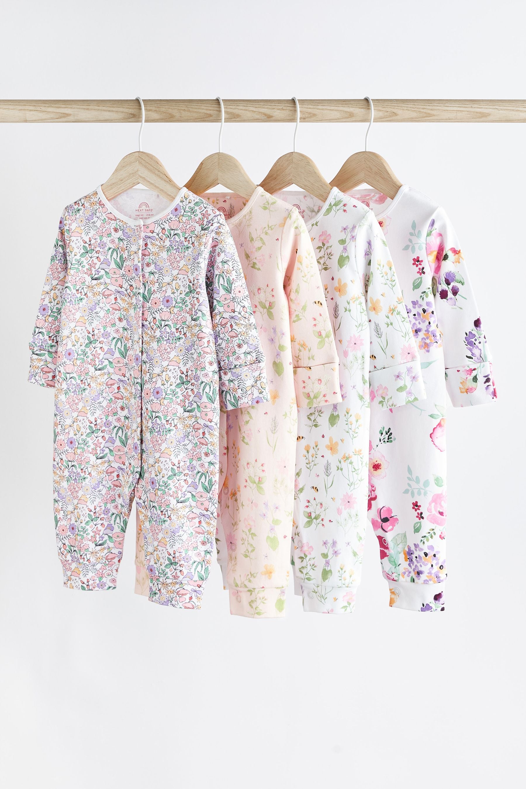 Pink/White Floral Footless Baby Sleepsuits 4 Pack (0mths-3yrs)