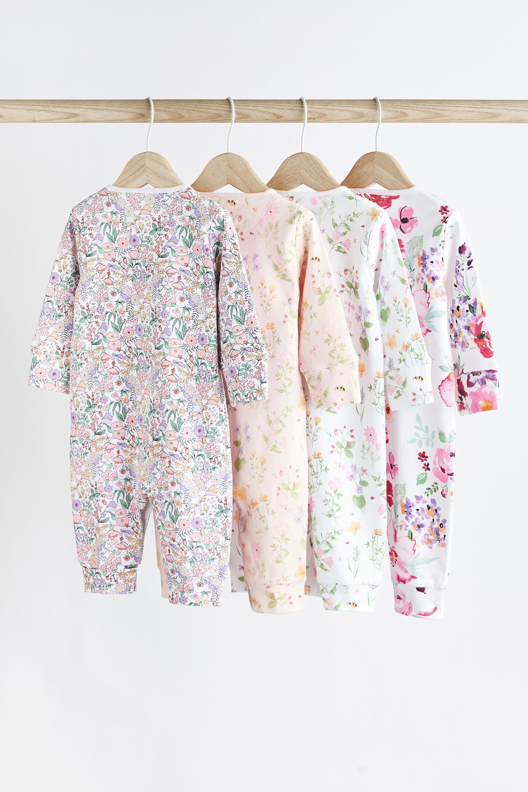 Pink/White Floral Footless Baby Sleepsuits 4 Pack (0mths-3yrs)