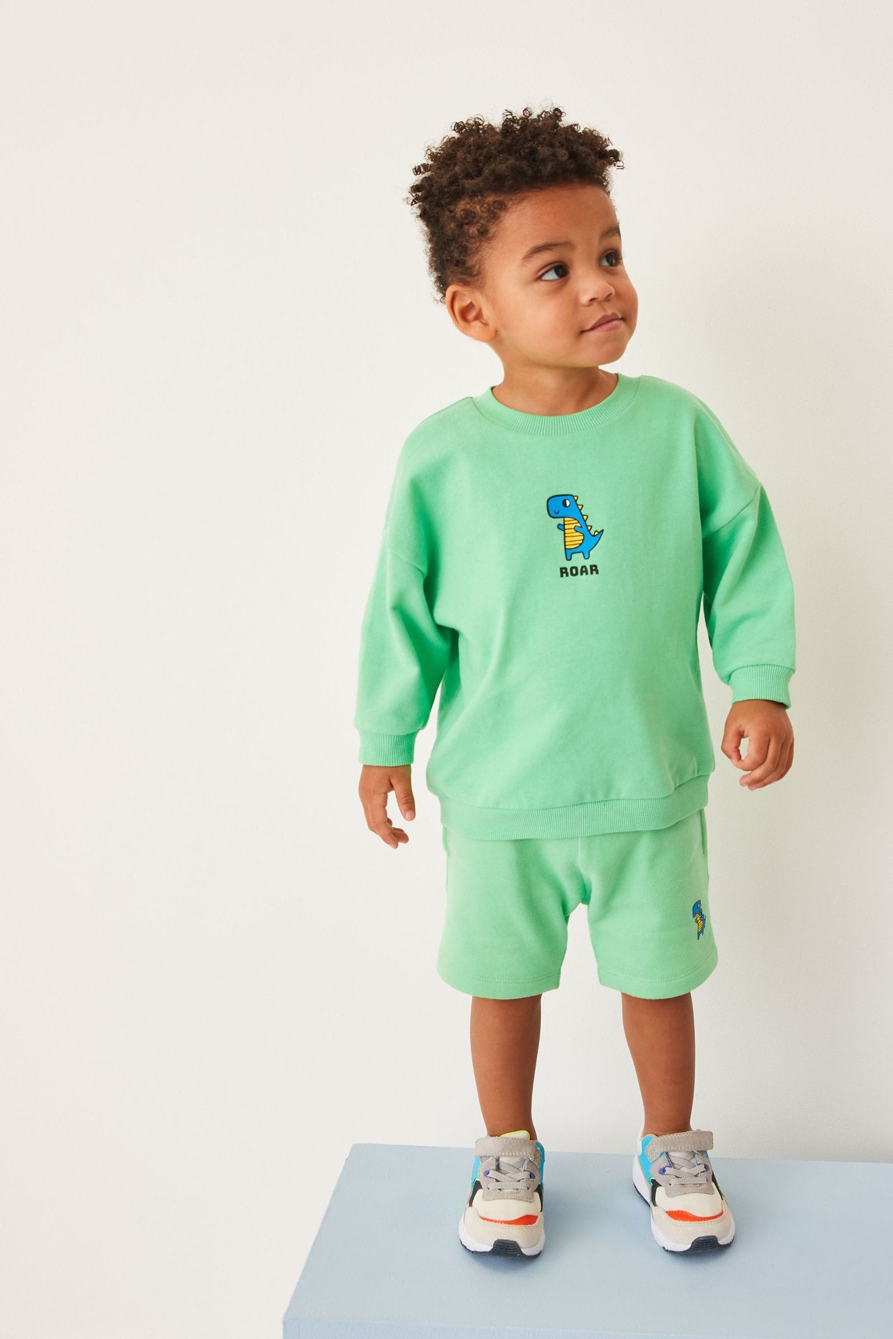 Bright Green Dino Character Crew Sweatshirt And Shorts Set (3mths-7yrs)