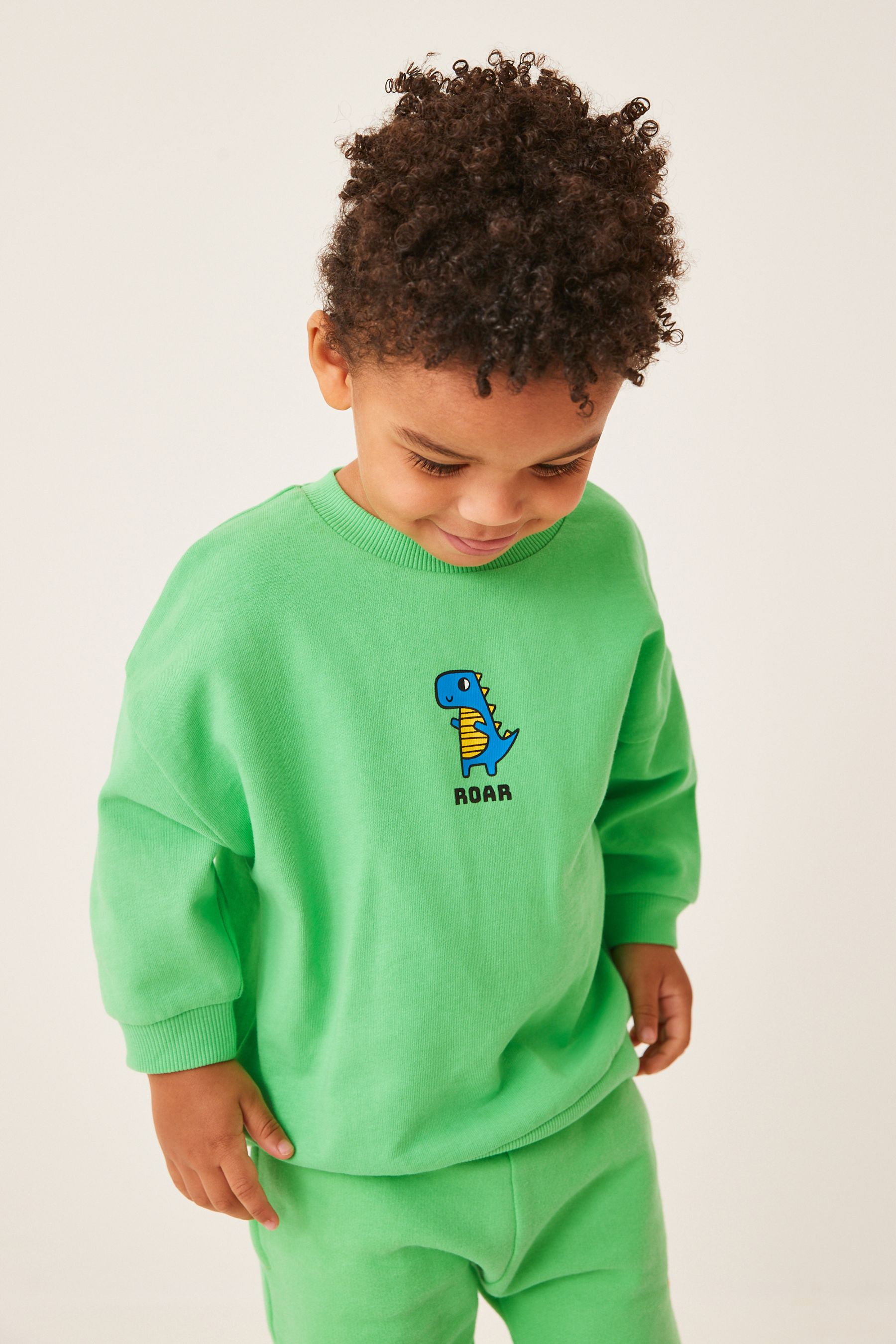 Bright Green Dino Character Crew Sweatshirt And Shorts Set (3mths-7yrs)