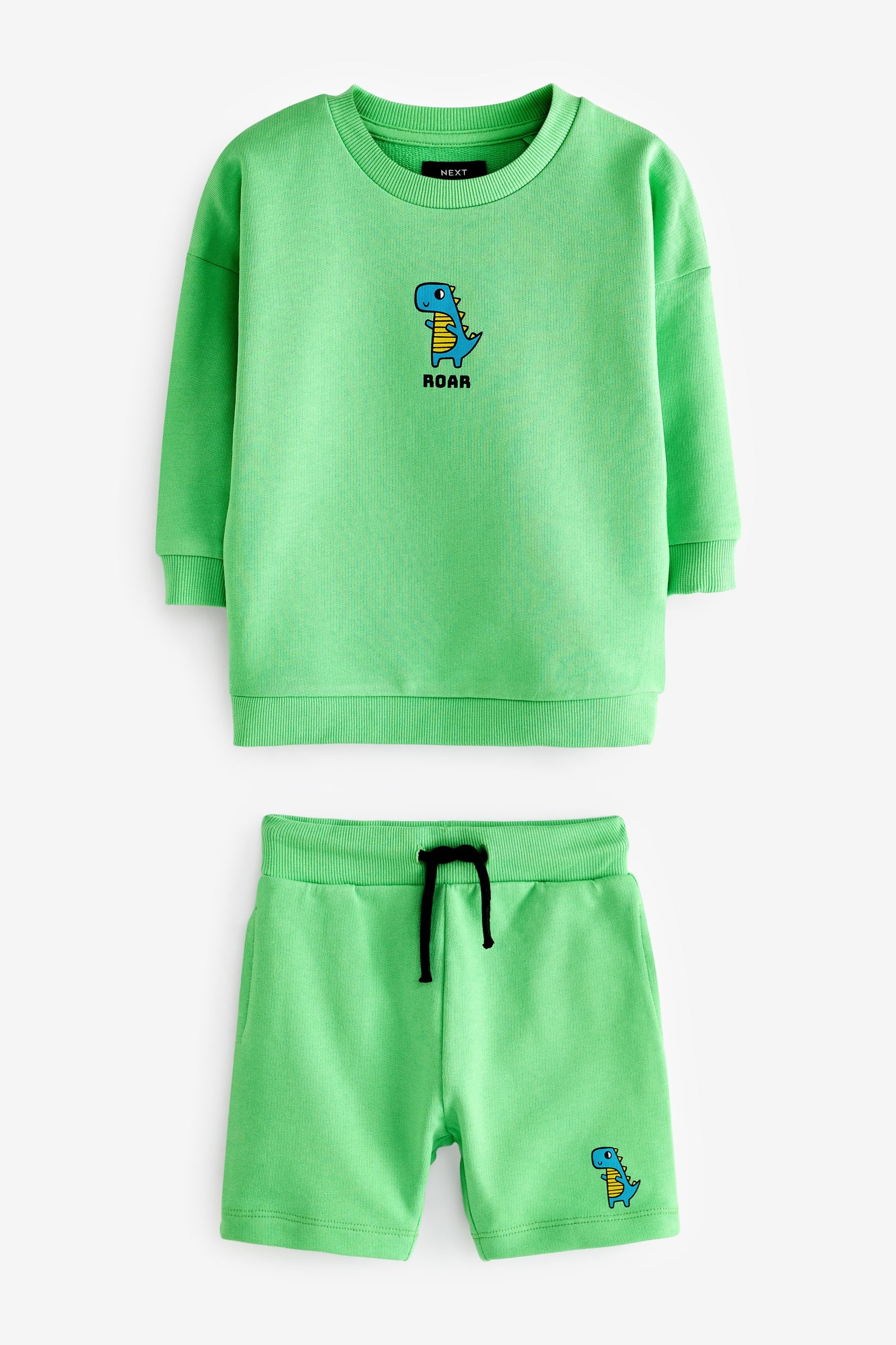 Bright Green Dino Character Crew Sweatshirt And Shorts Set (3mths-7yrs)