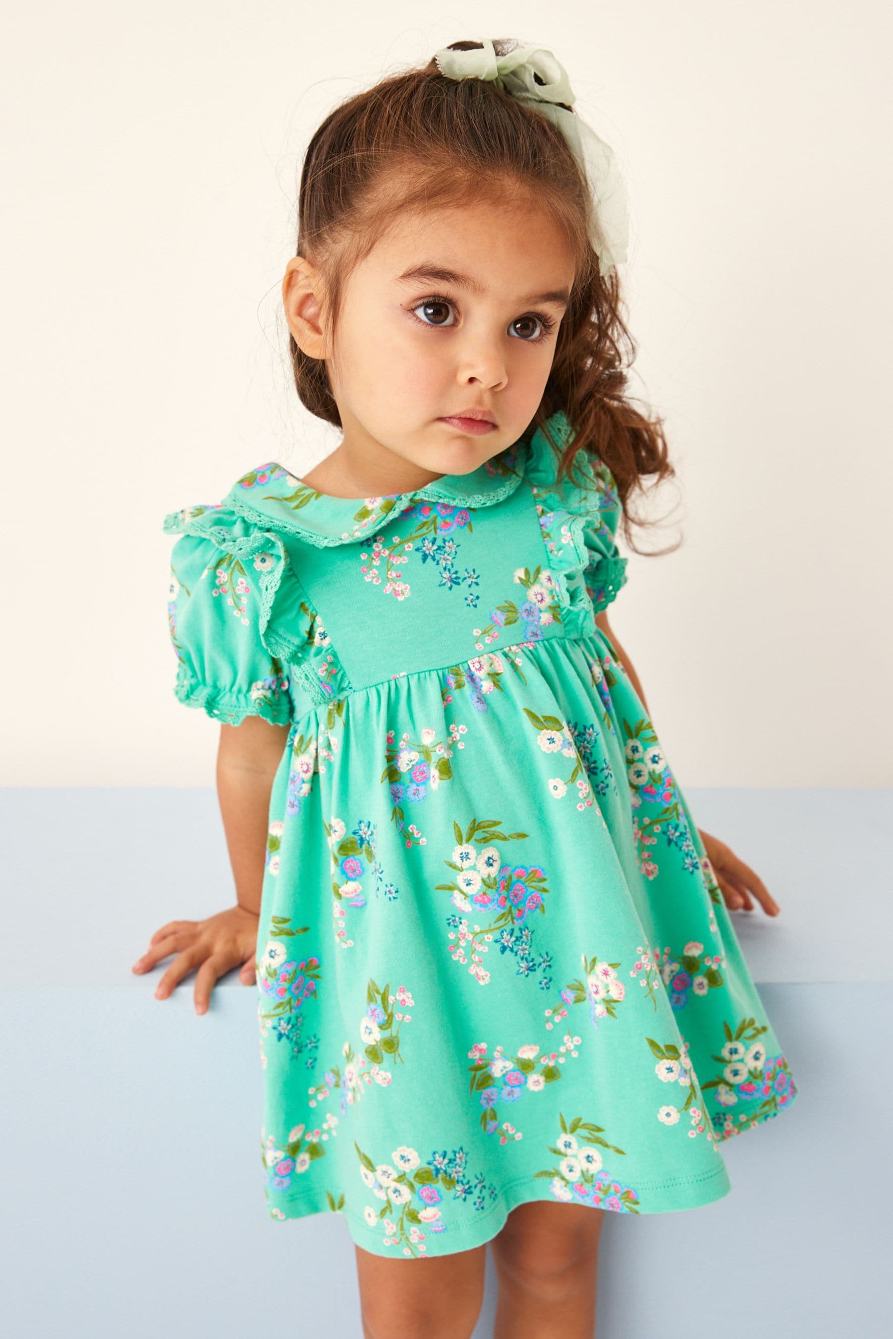 Green Floral Peter Pan Collar Puff Sleeve Cotton Jersey Dress (3mths-7yrs)