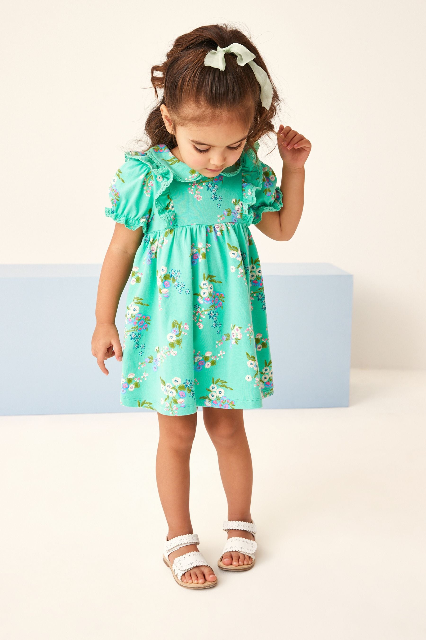 Green Floral Peter Pan Collar Puff Sleeve Cotton Jersey Dress (3mths-7yrs)