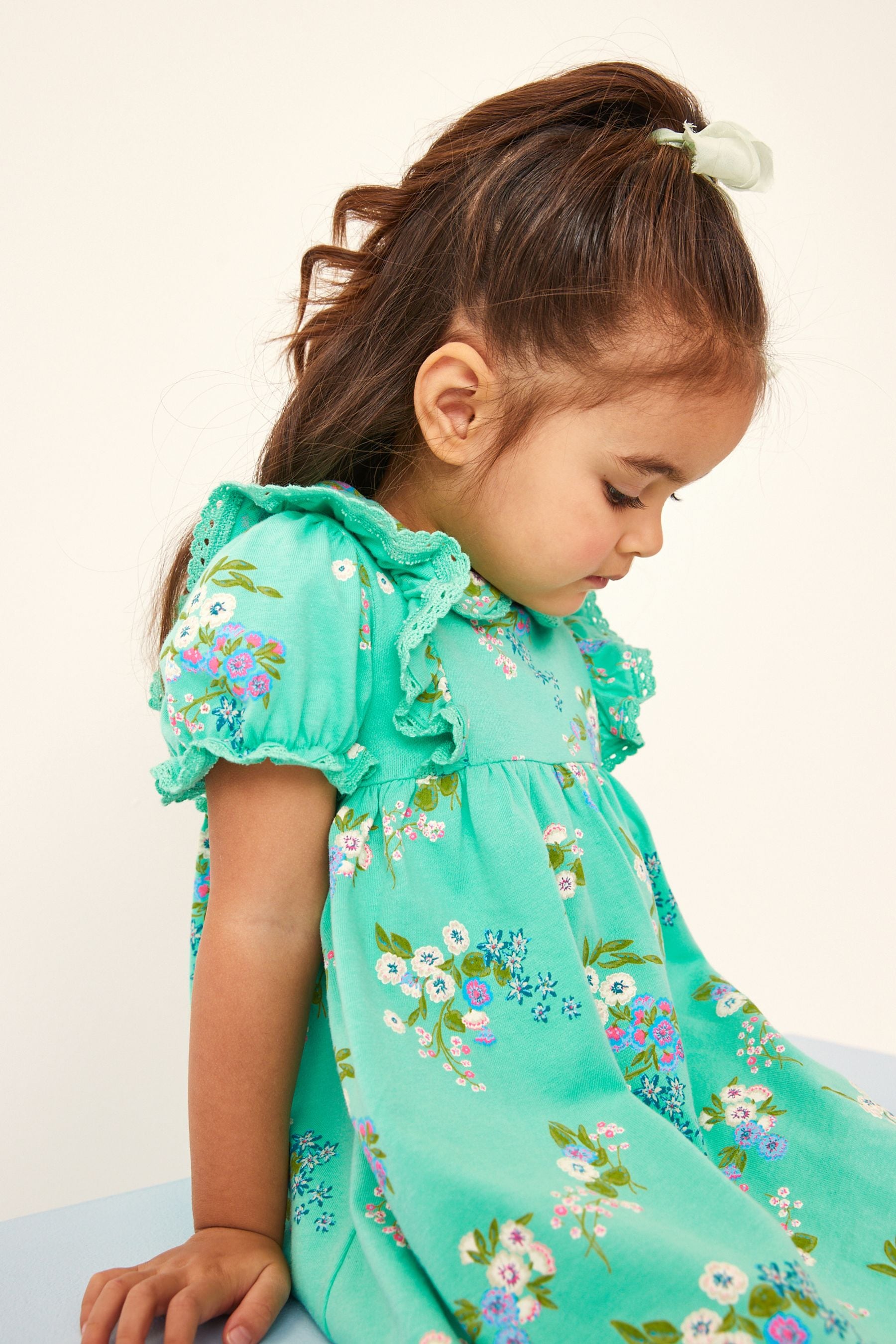 Green Floral Peter Pan Collar Puff Sleeve Cotton Jersey Dress (3mths-7yrs)