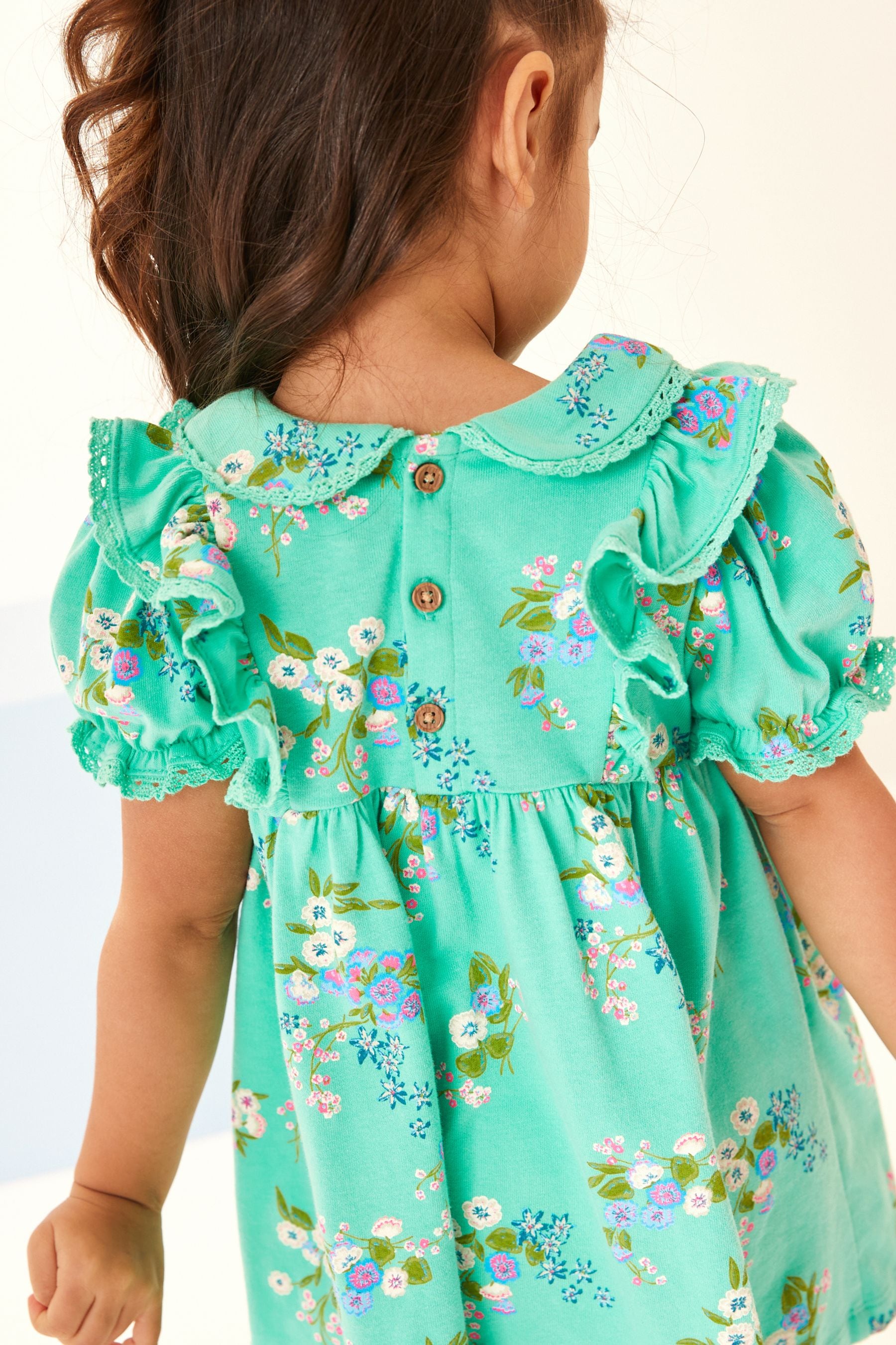 Green Floral Peter Pan Collar Puff Sleeve Cotton Jersey Dress (3mths-7yrs)