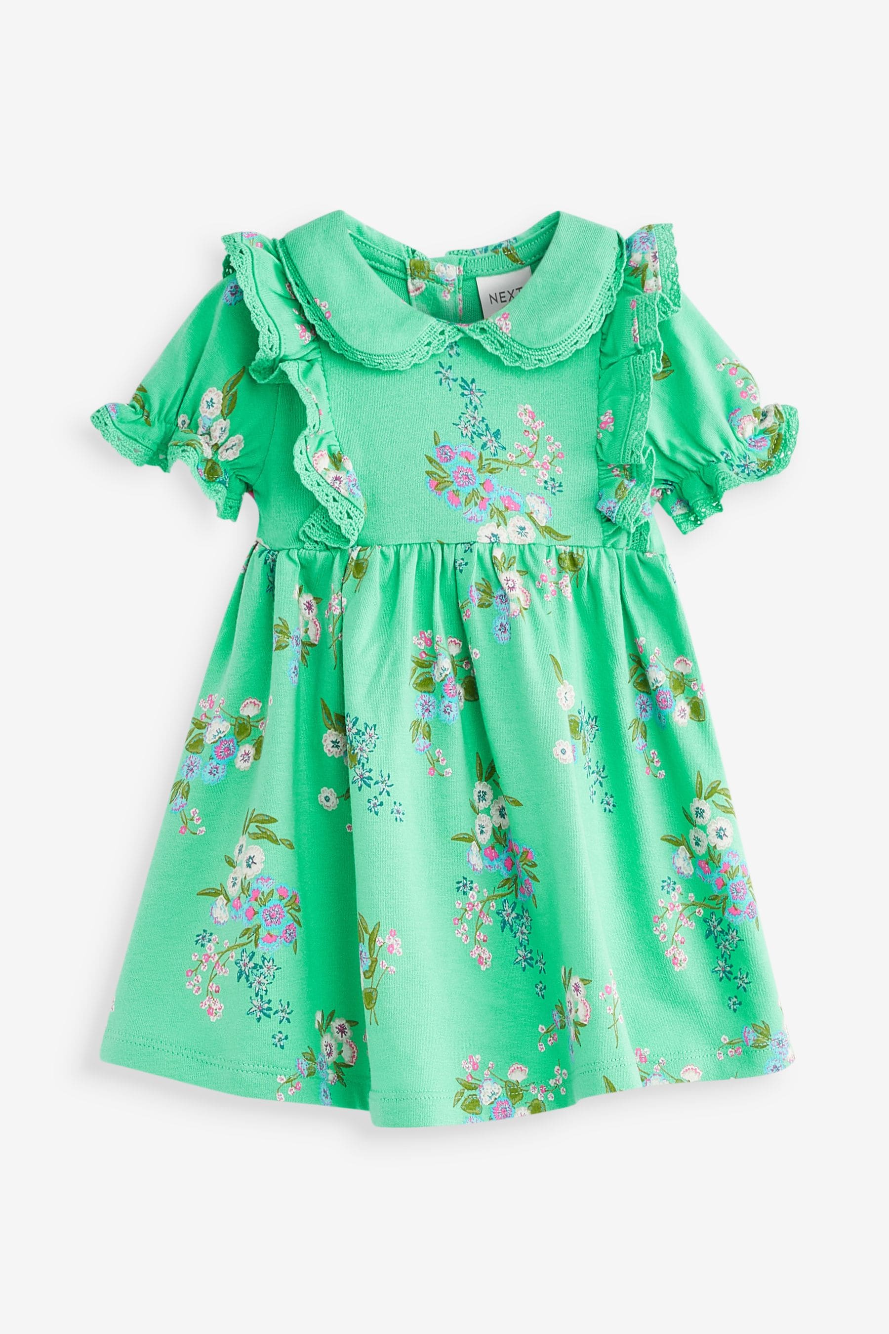 Green Floral Peter Pan Collar Puff Sleeve Cotton Jersey Dress (3mths-7yrs)