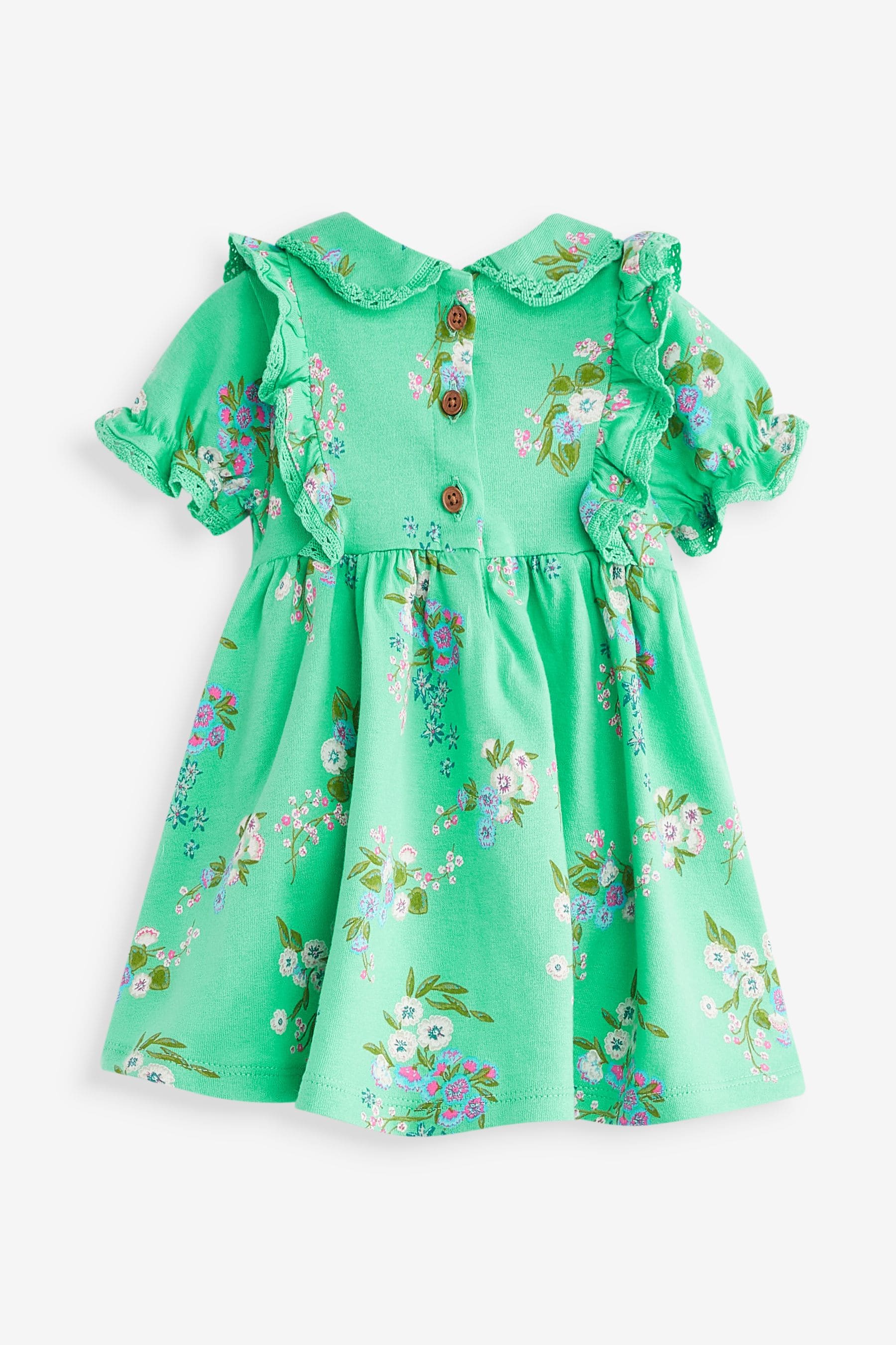 Green Floral Peter Pan Collar Puff Sleeve Cotton Jersey Dress (3mths-7yrs)