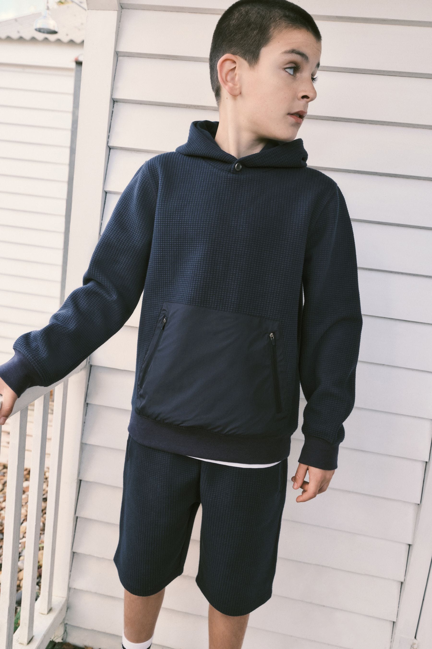 Navy Textured Utility Hoodie and Shorts Set (3-16yrs)