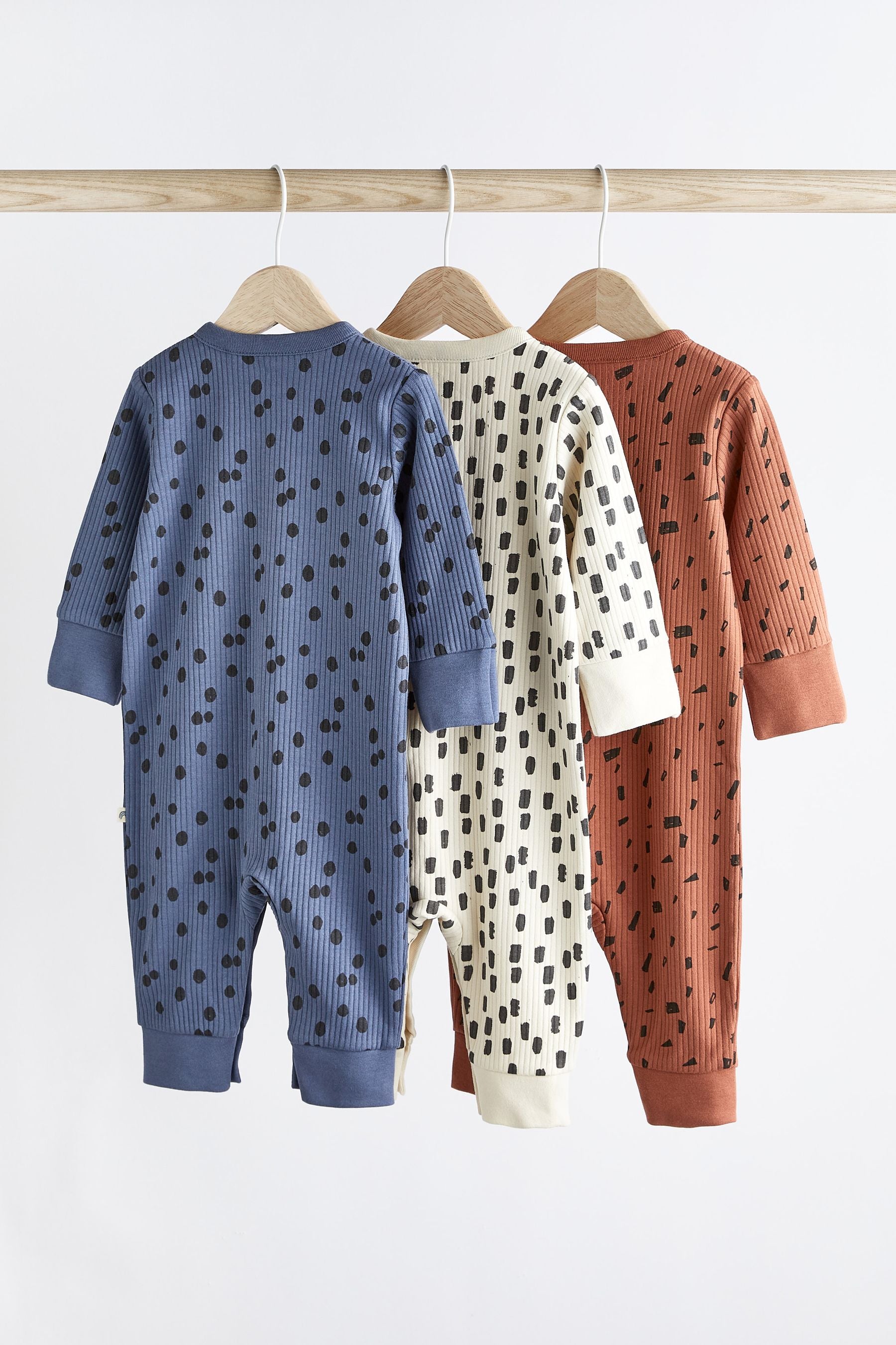 Navy Blue/Rust Brown Mini Print Footless Sleepsuits 3 Pack (0mths-3yrs)