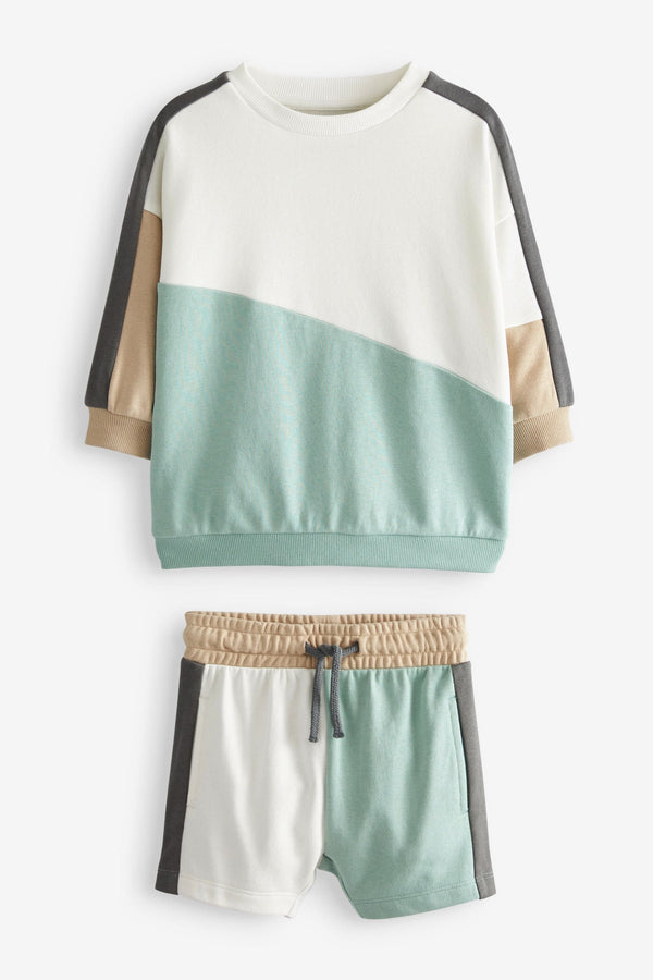 Mineral green/White Colourblock Sweatshirt And Shorts Set (3mths-7yrs)