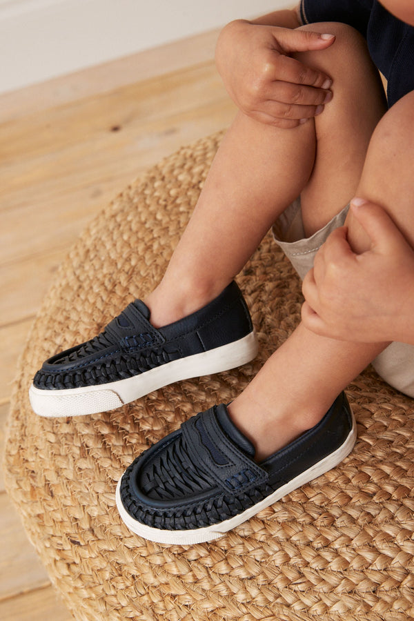 Navy Blue Woven Detail Contrast Sole Loafers