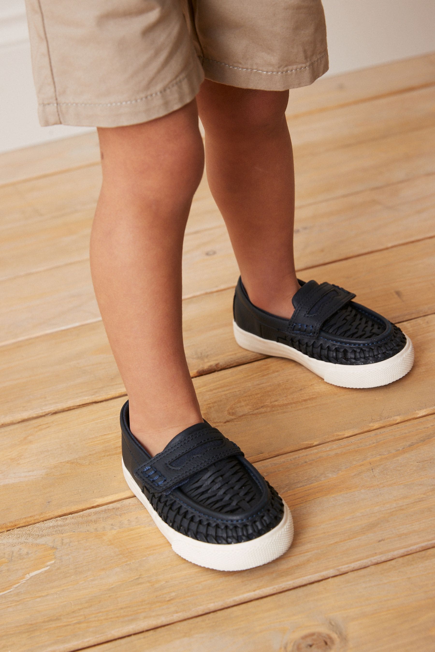 Navy Blue Woven Detail Contrast Sole Loafers