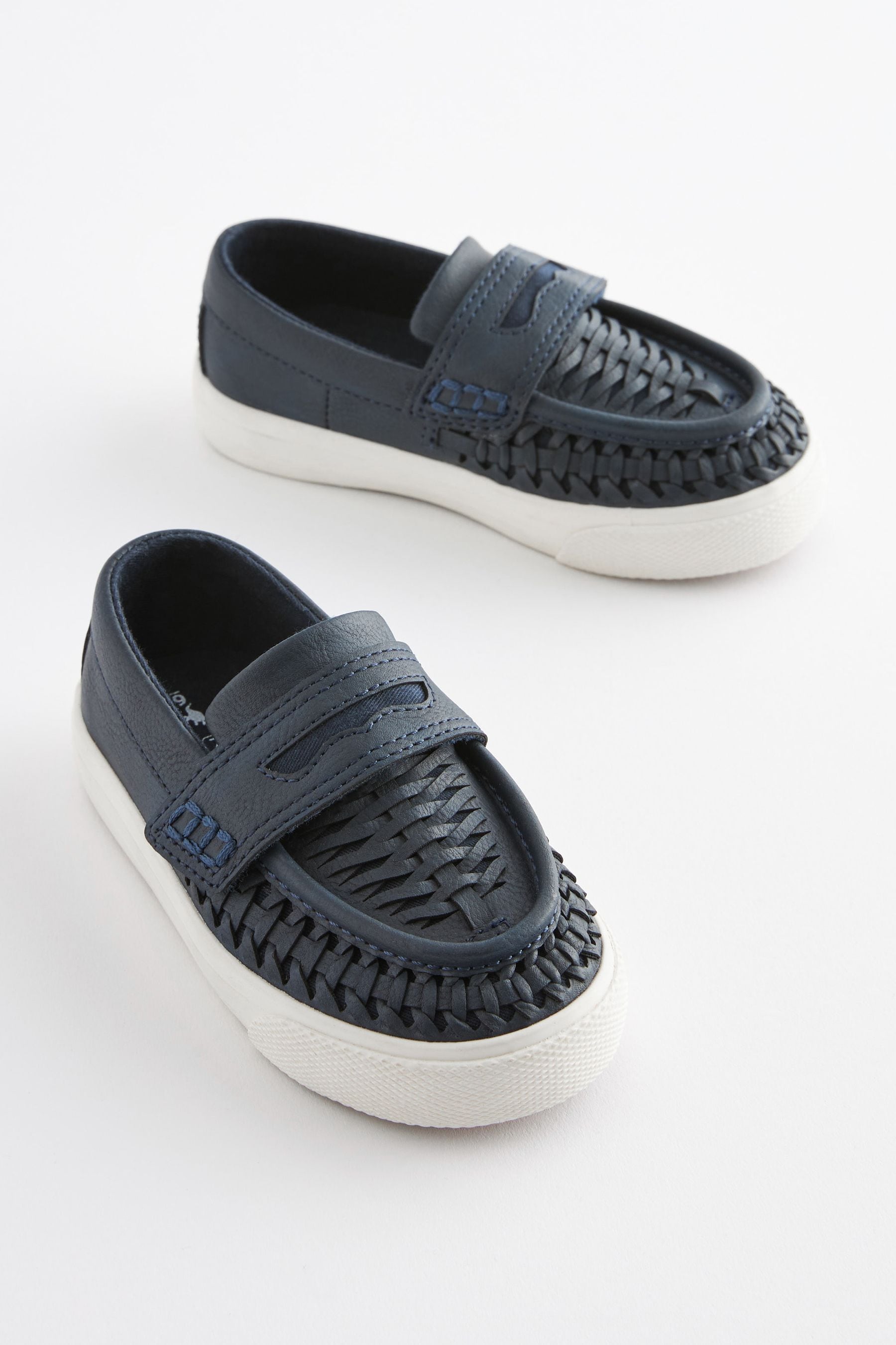 Navy Blue Woven Detail Contrast Sole Loafers