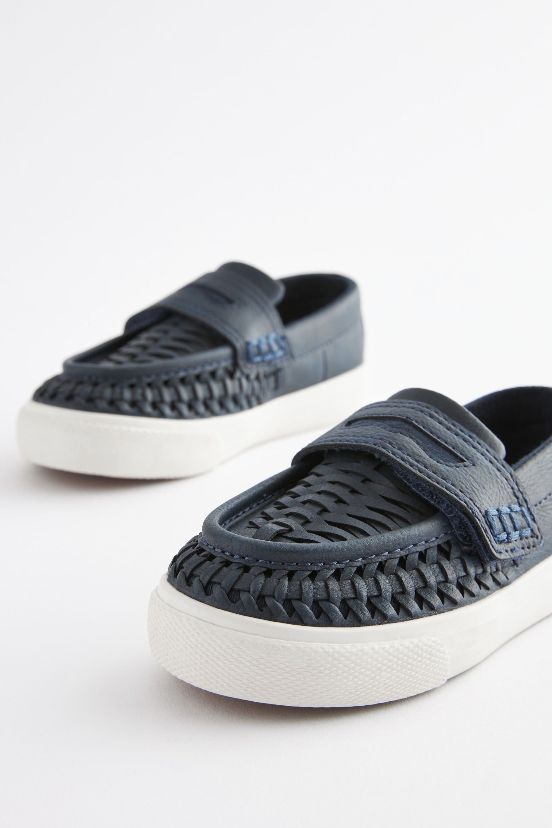 Navy Blue Woven Detail Contrast Sole Loafers