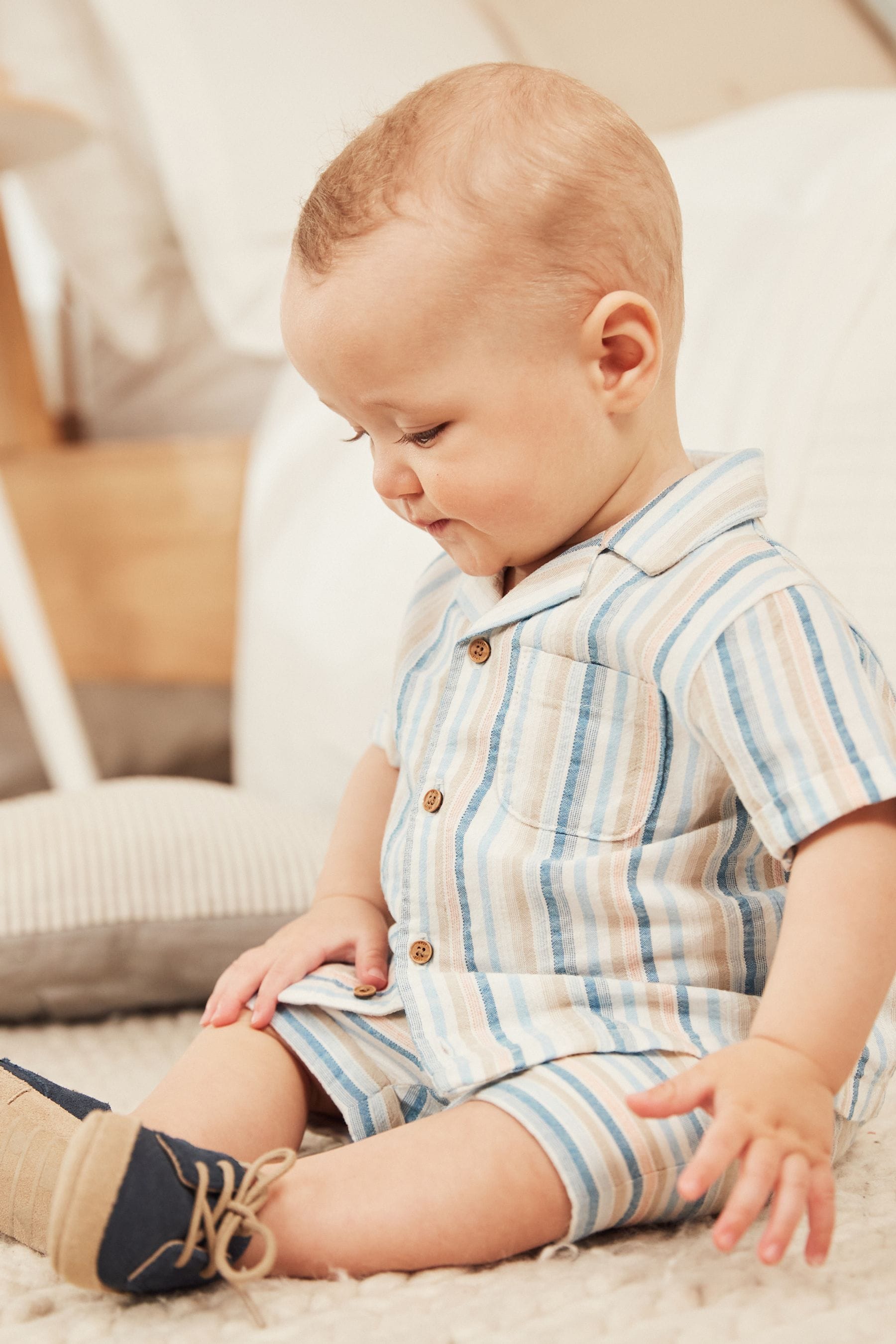 Blue Stripe Woven Button Through Shirt And Shorts Set