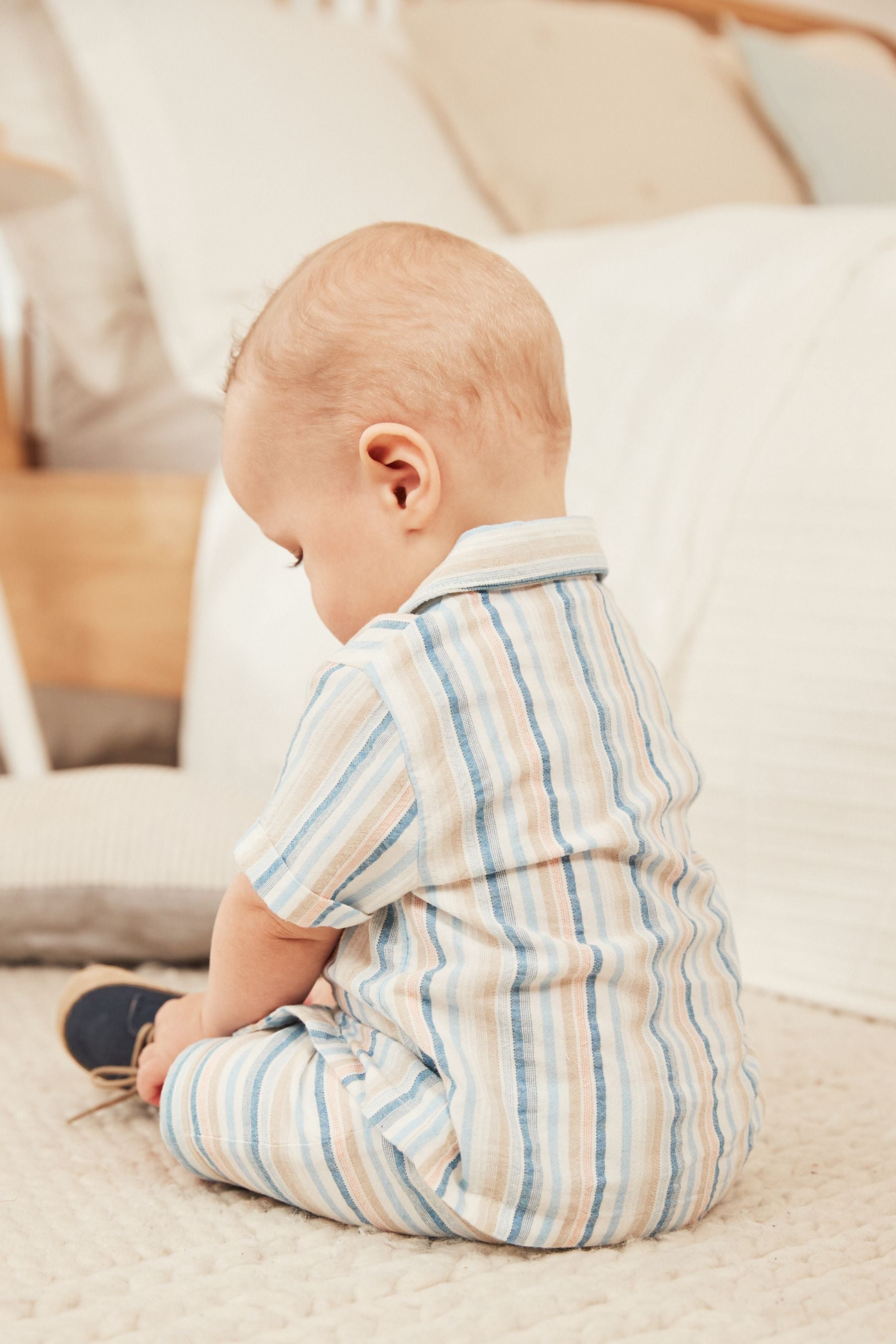 Blue Stripe Woven Button Through Shirt And Shorts Set