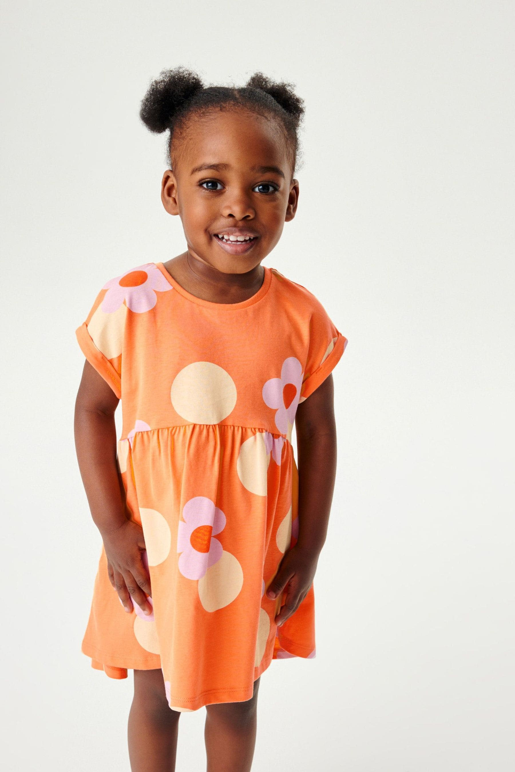 Orange Flower Short Sleeve Drop Hem Jersey Dress (3mths-7yrs)