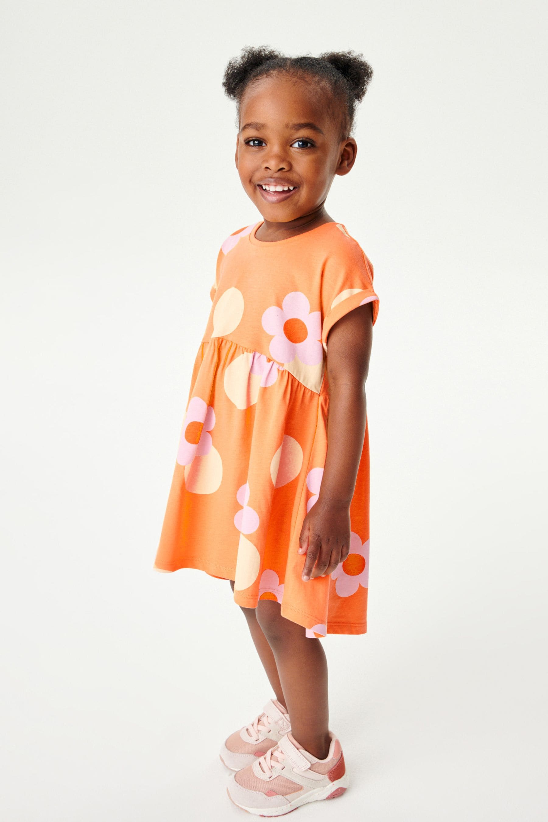 Orange Flower Short Sleeve Drop Hem Jersey Dress (3mths-7yrs)