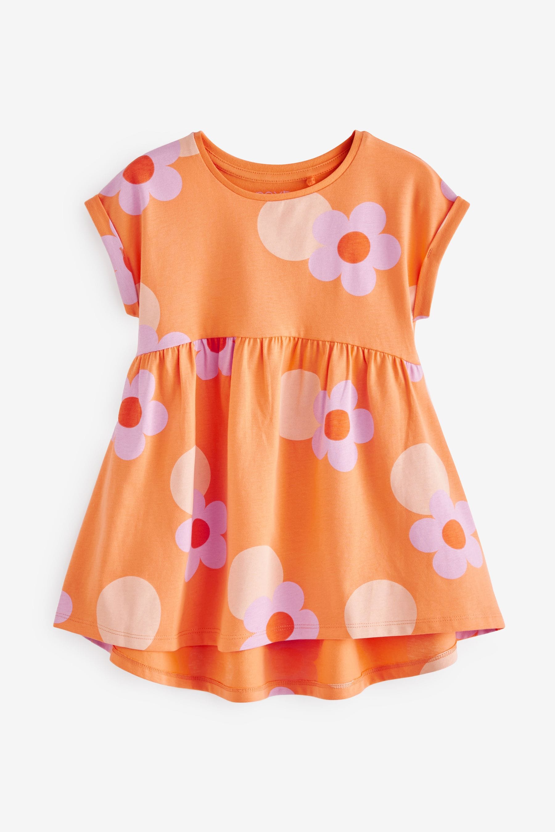 Orange Flower Short Sleeve Drop Hem Jersey Dress (3mths-7yrs)