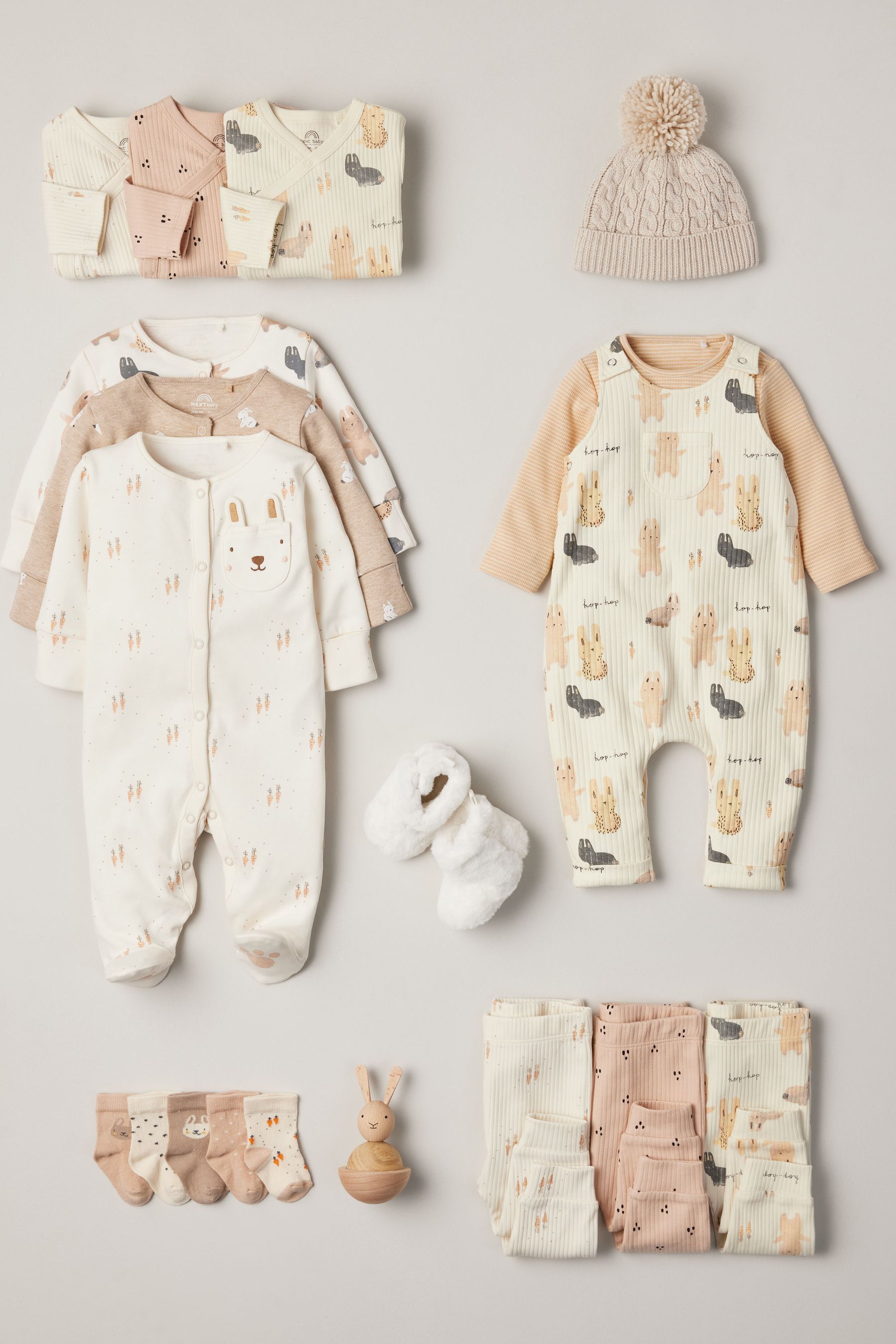 Beige Cream Bunny Baby Sleepsuits 3 Pack (0mths-3yrs)