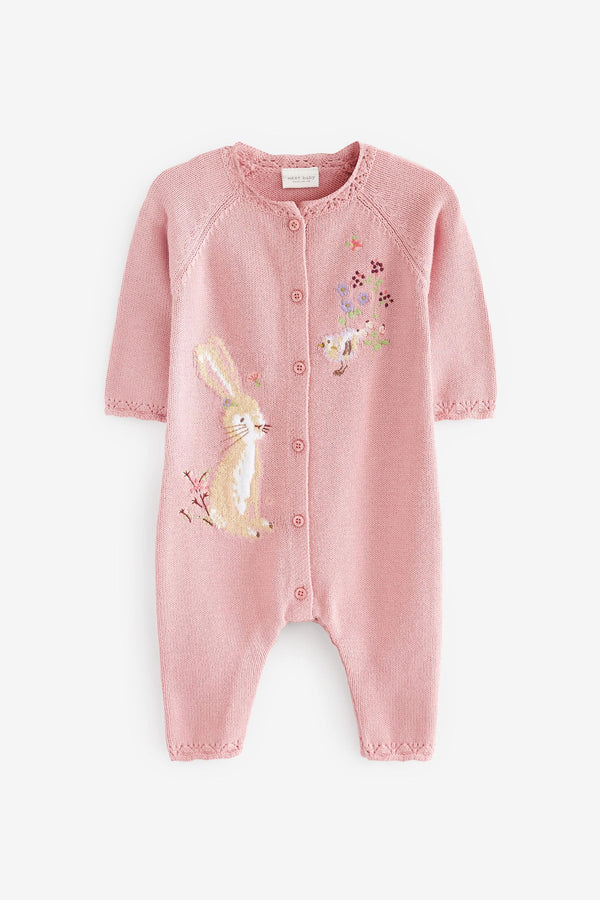 Pink Bunny Embroidered Baby Knitted Romper (0mths-2yrs)