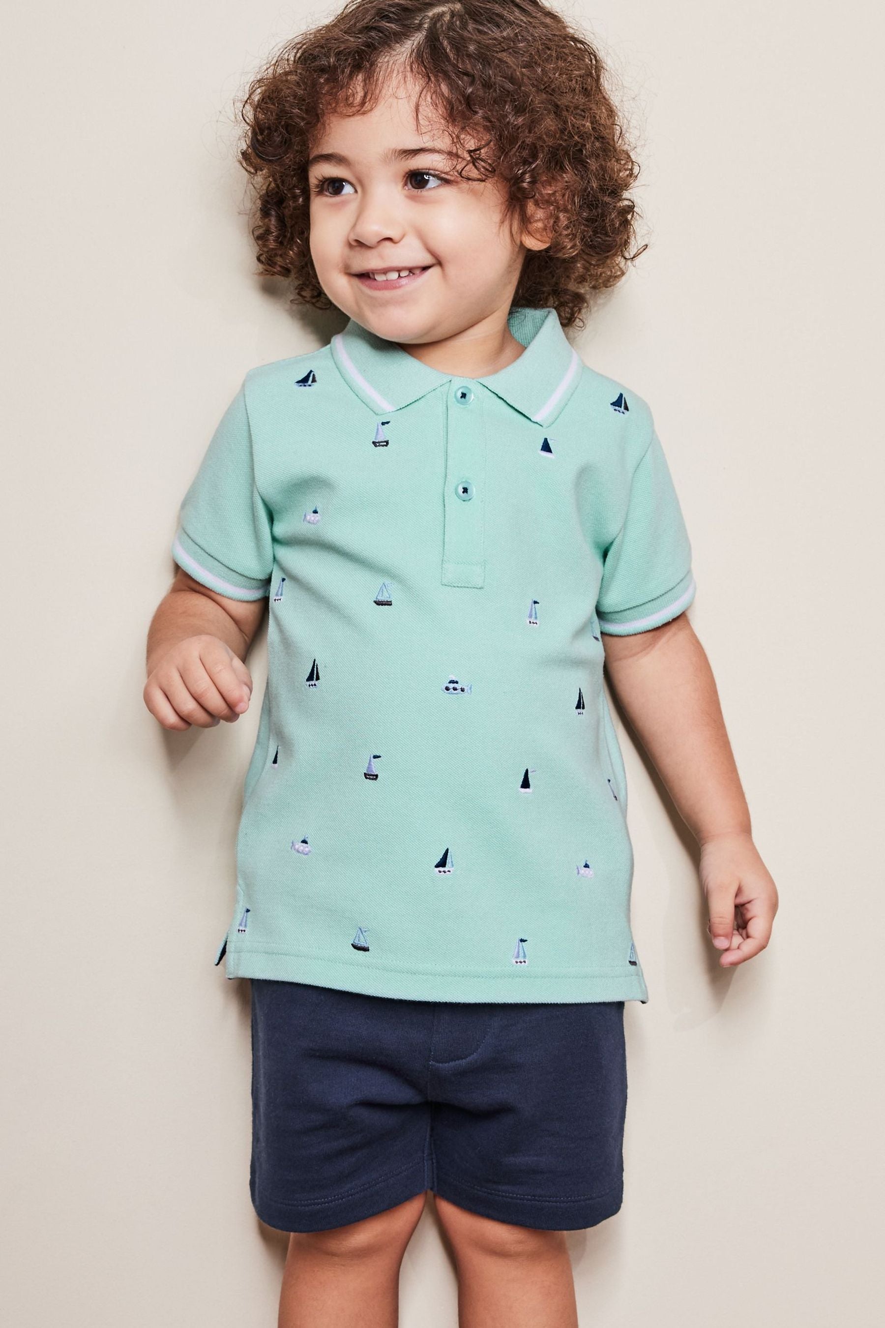 Mint Blue Boat Embroidery Jersey Polo Shirt And Shorts Set (3mths-7yrs)