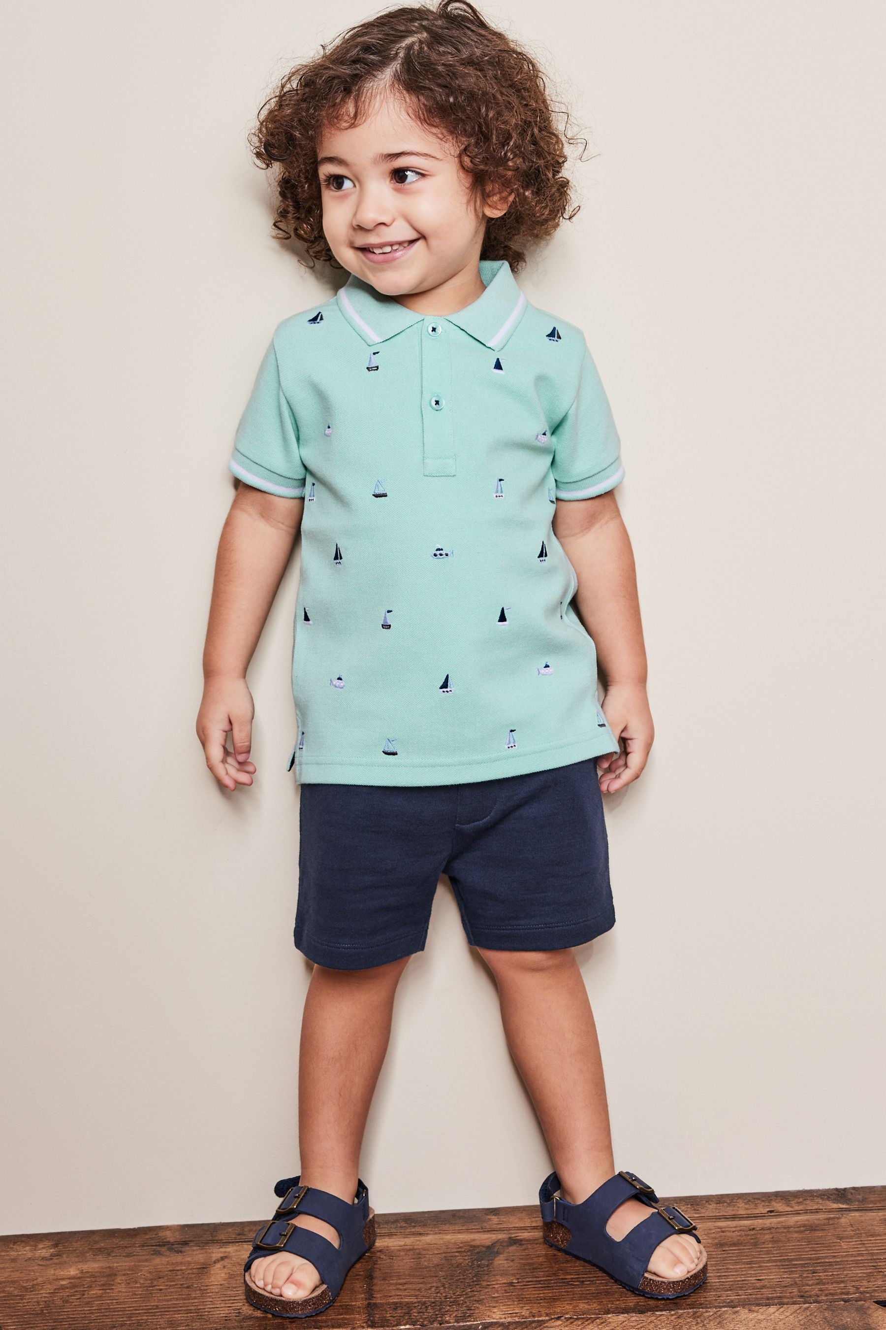 Mint Blue Boat Embroidery Jersey Polo Shirt And Shorts Set (3mths-7yrs)