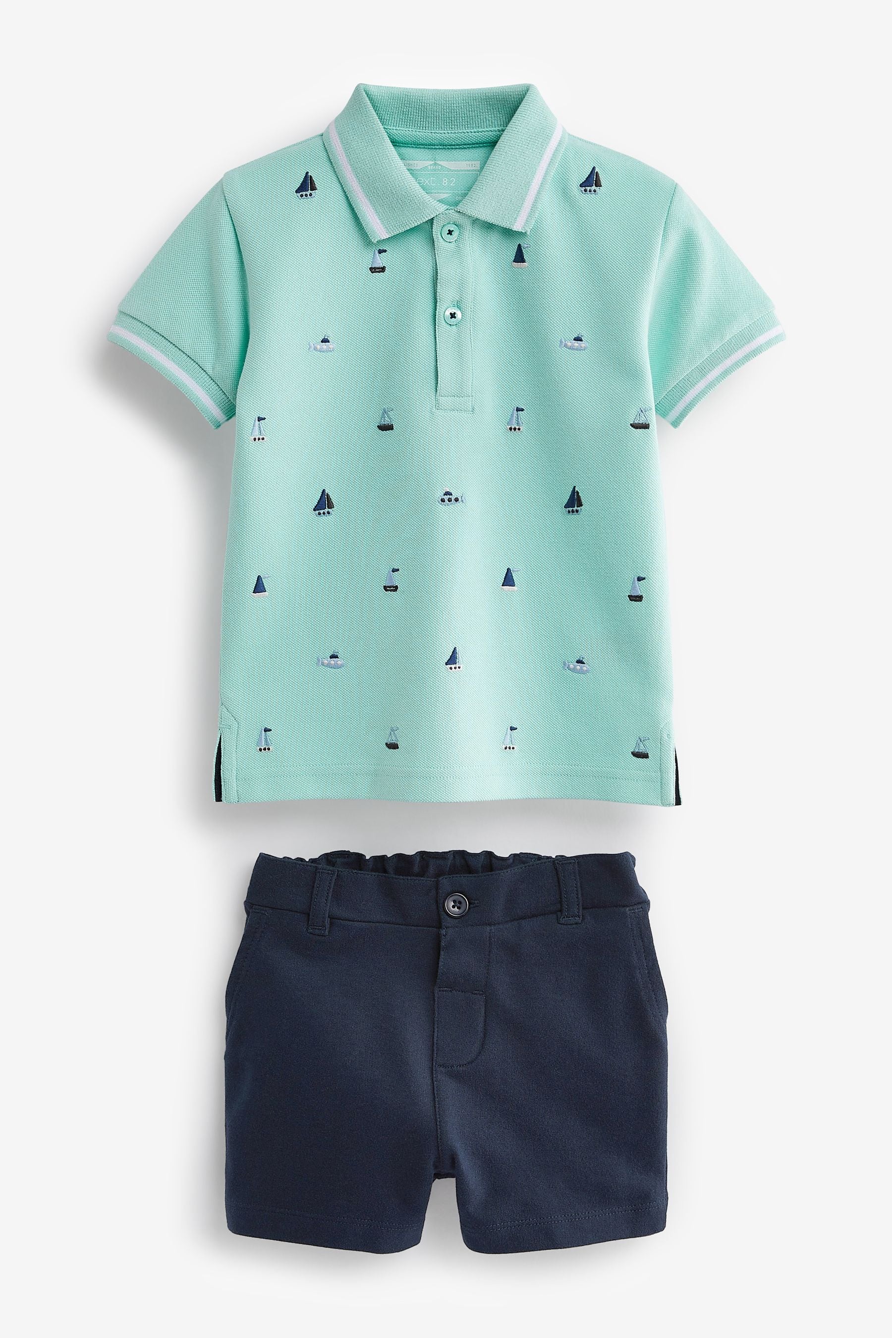 Mint Blue Boat Embroidery Jersey Polo Shirt And Shorts Set (3mths-7yrs)