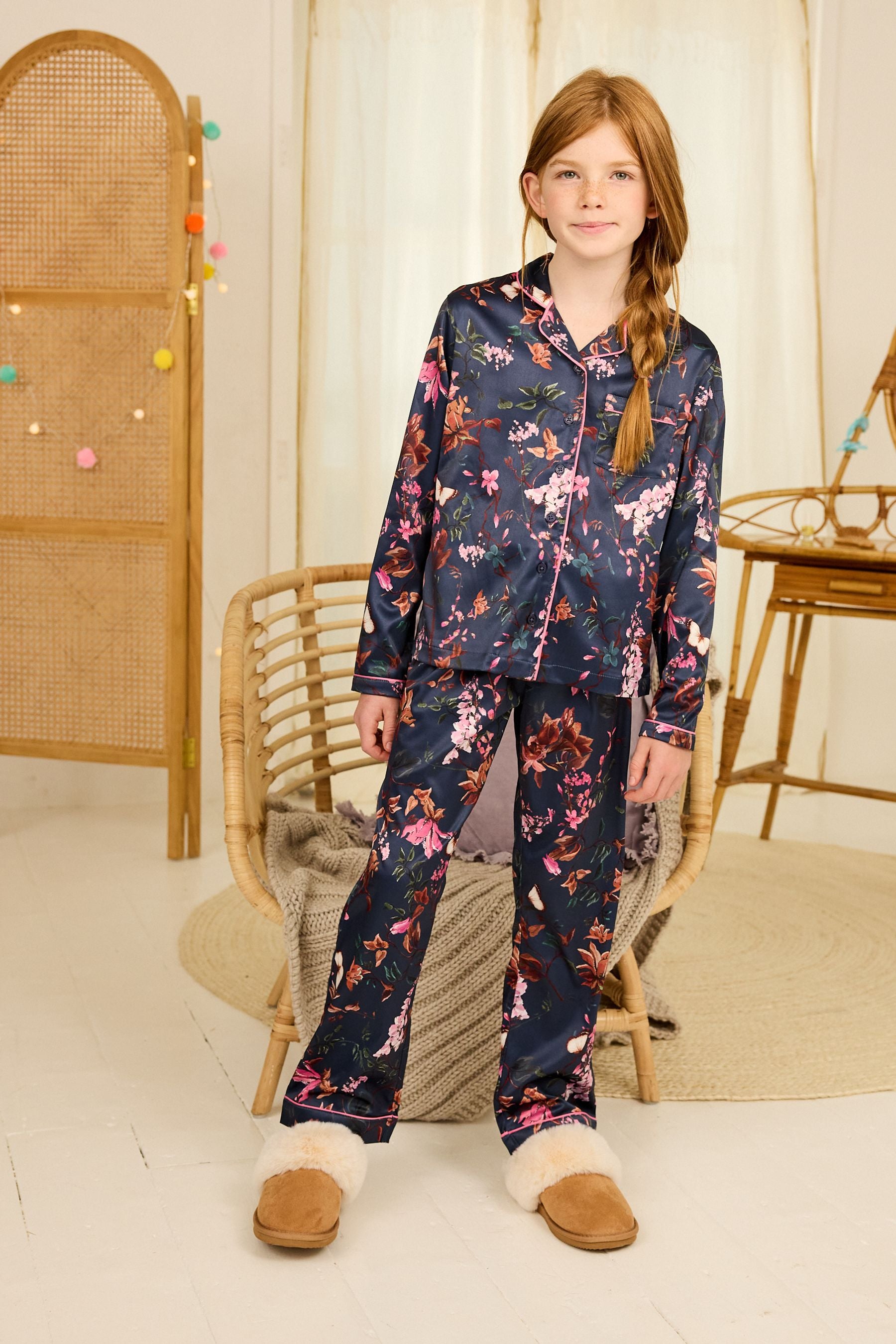 Navy Blue Floral Satin Button Through Pyjamas (6-16yrs)