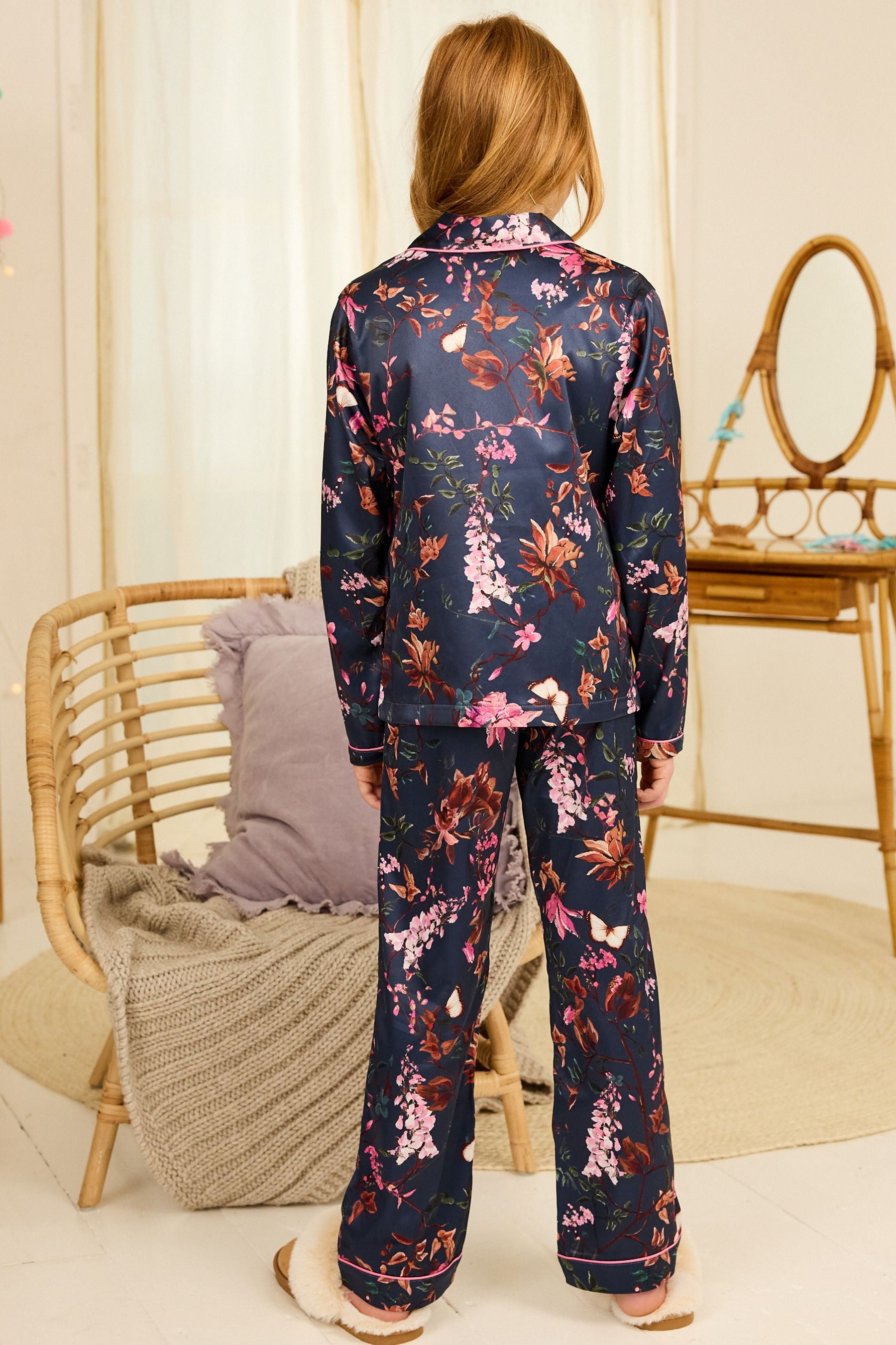 Navy Blue Floral Satin Button Through Pyjamas (6-16yrs)