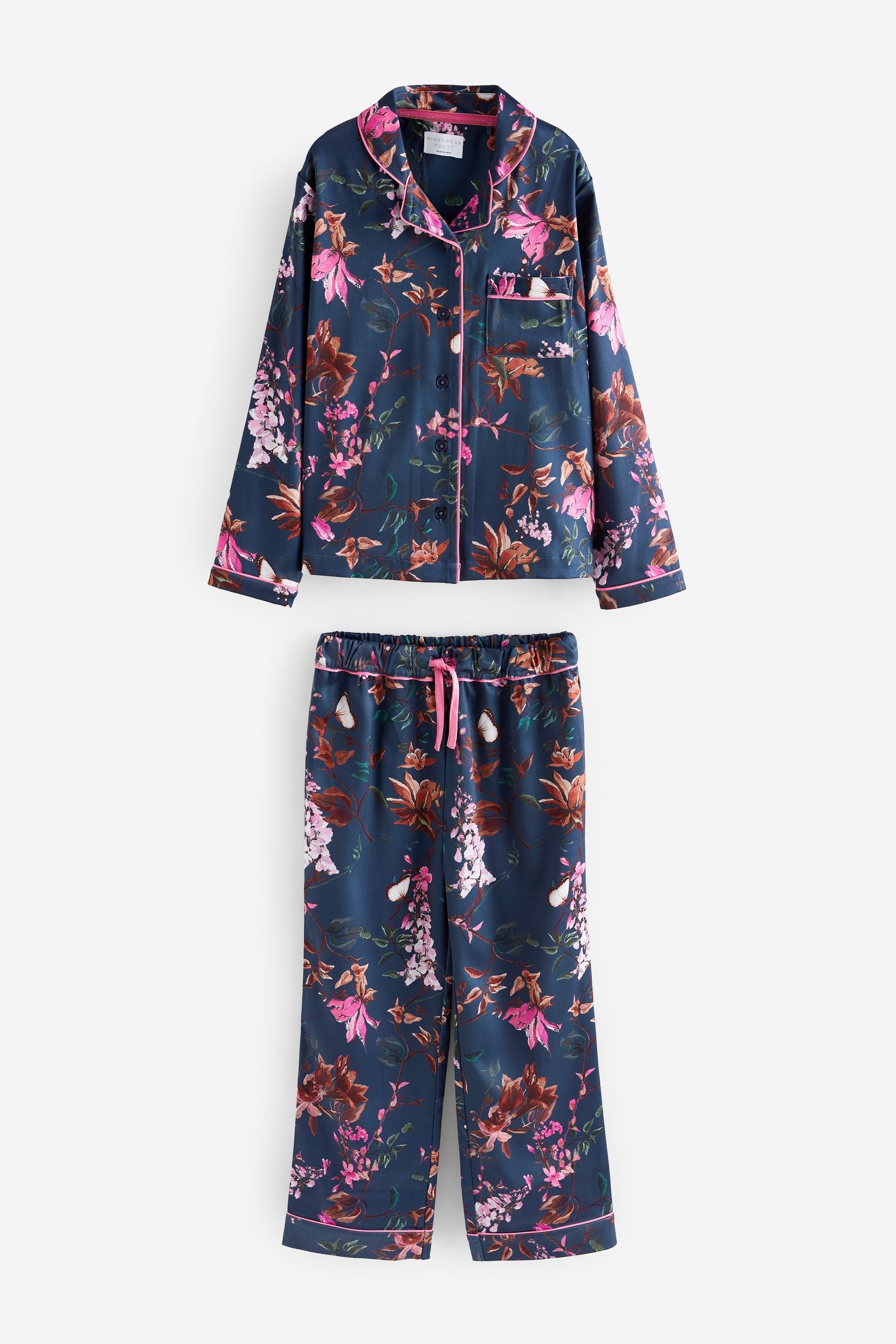 Navy Blue Floral Satin Button Through Pyjamas (6-16yrs)